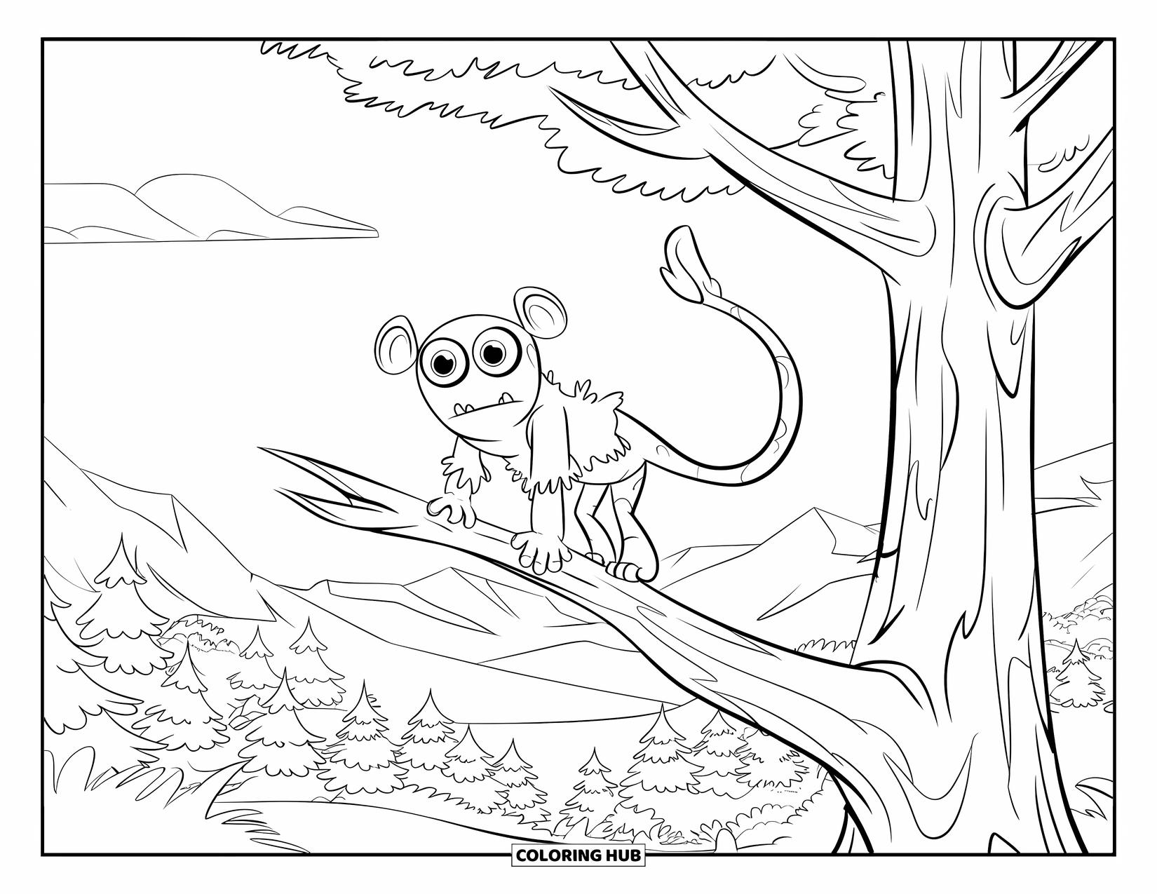 Scary Monster Coloring Page for Kids: A round-eyed monster with a long tail stands on a crooked branch near mountains
