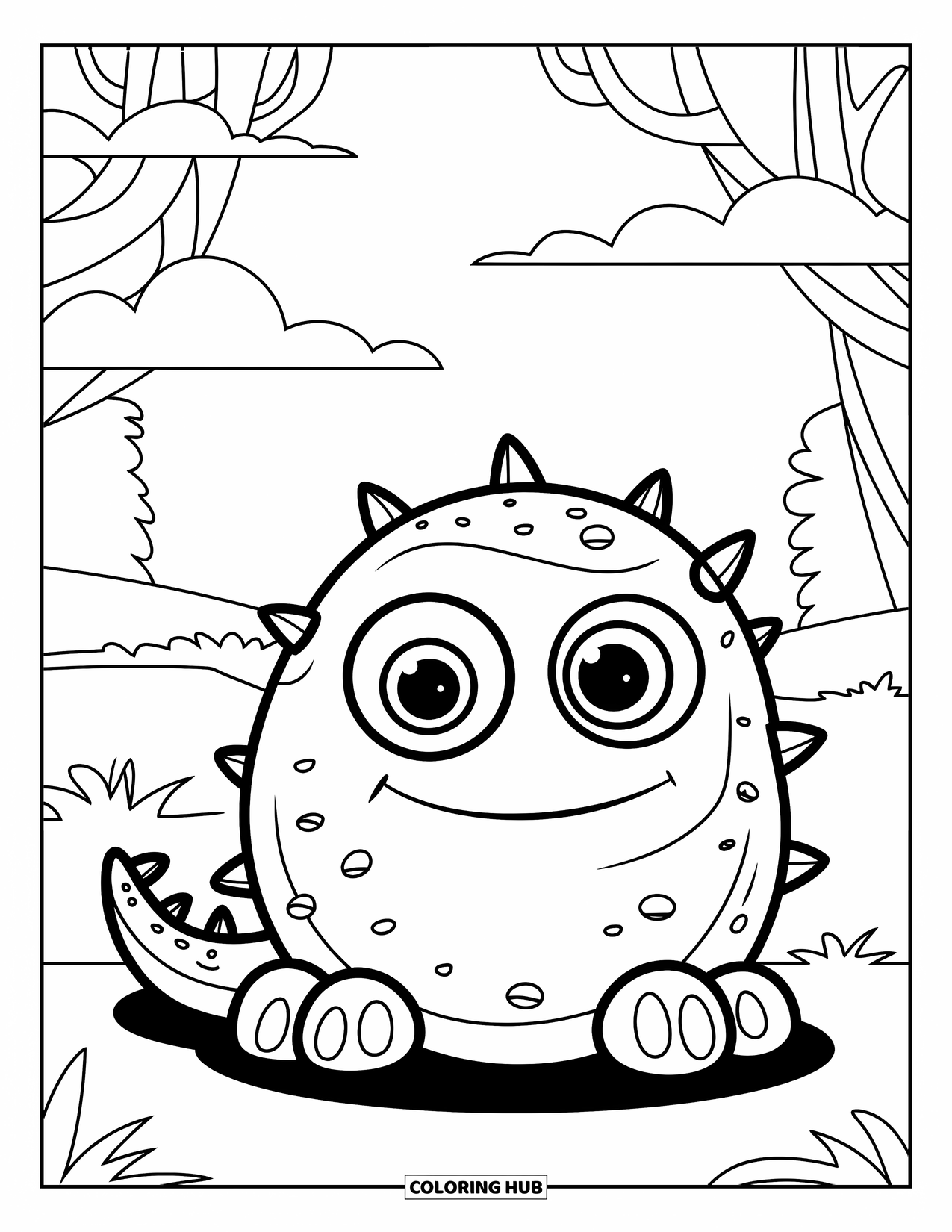 Scary Monster Coloring Page for Kids: A round spiky monster with a cheerful smile sits near clouds and trees