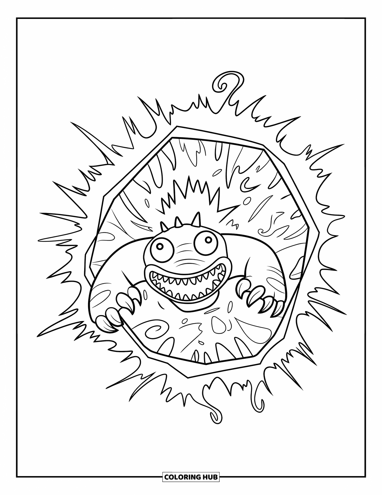 Scary Monster Coloring Page for Kids: A scaly, clawed monster erupts through a swirling magical portal