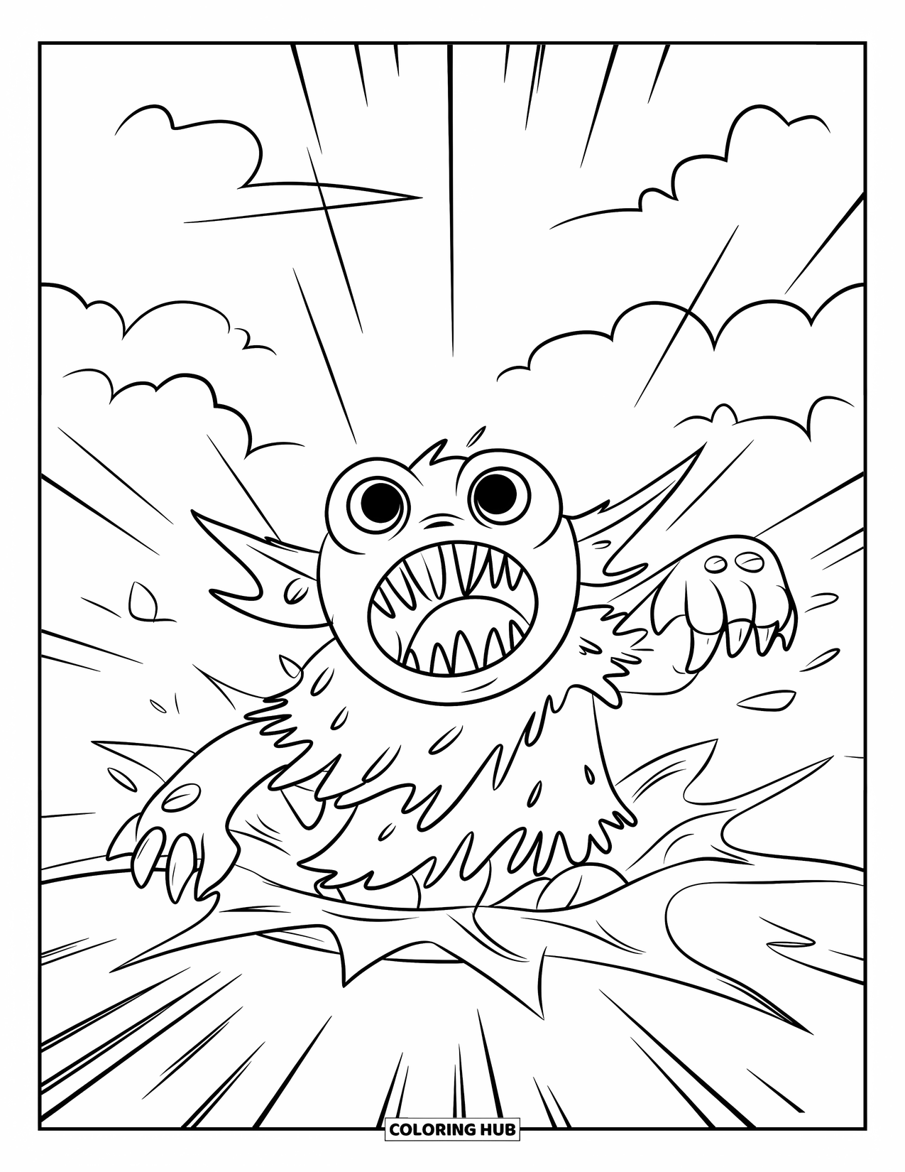 Scary Monster Coloring Page for Kids: A sharp-toothed monster leaps through a glowing portal under a cloudy sky