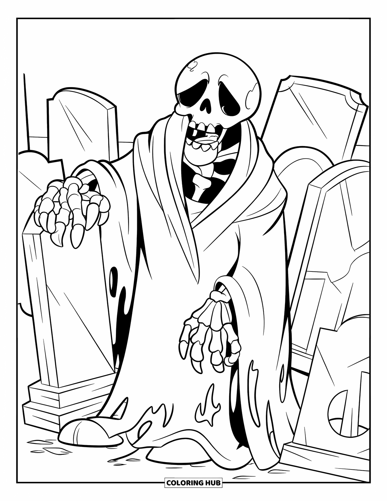 Scary Monster Coloring Page for Kids: A skull-headed monster in a tattered robe watches from behind crooked gravestones