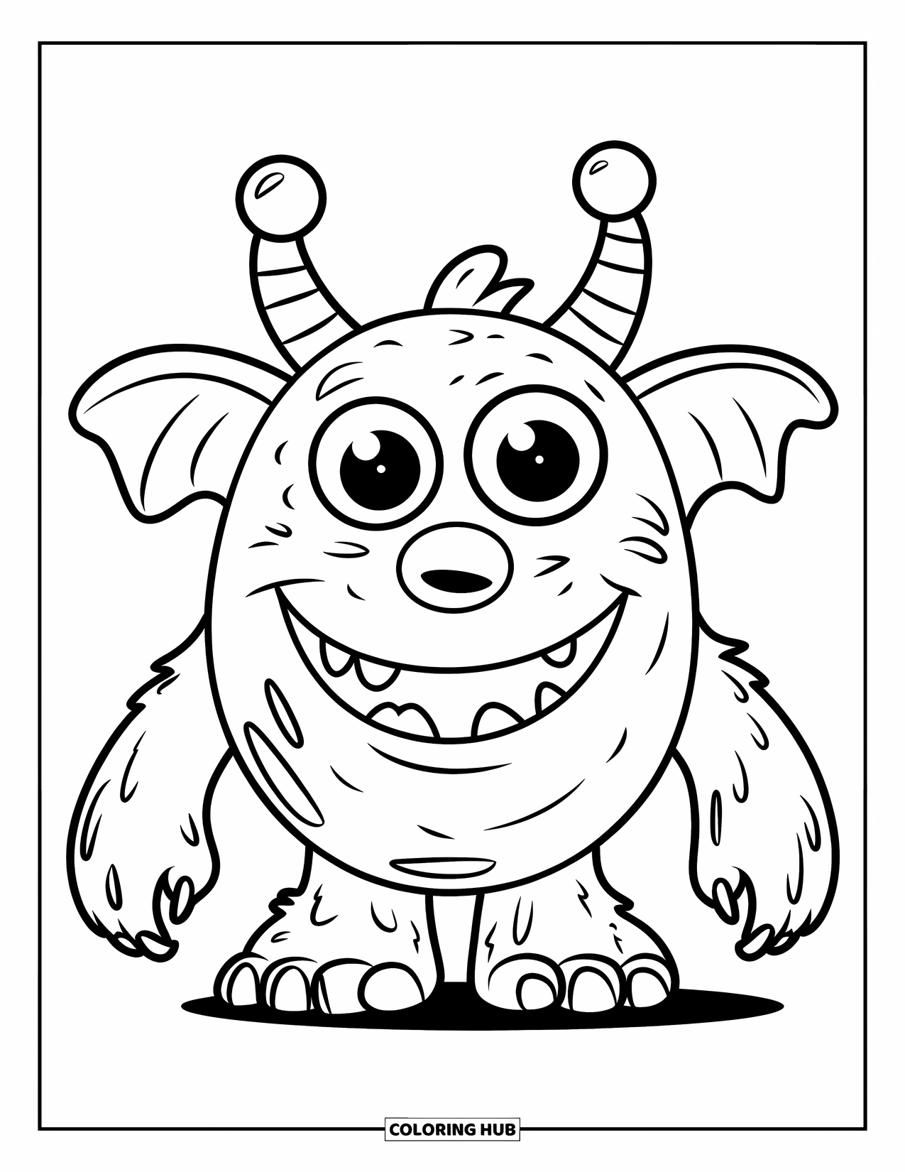 Scary Monster Coloring Page for Kids: A smiling monster with floppy ears, two legs, and one big tooth stands happily