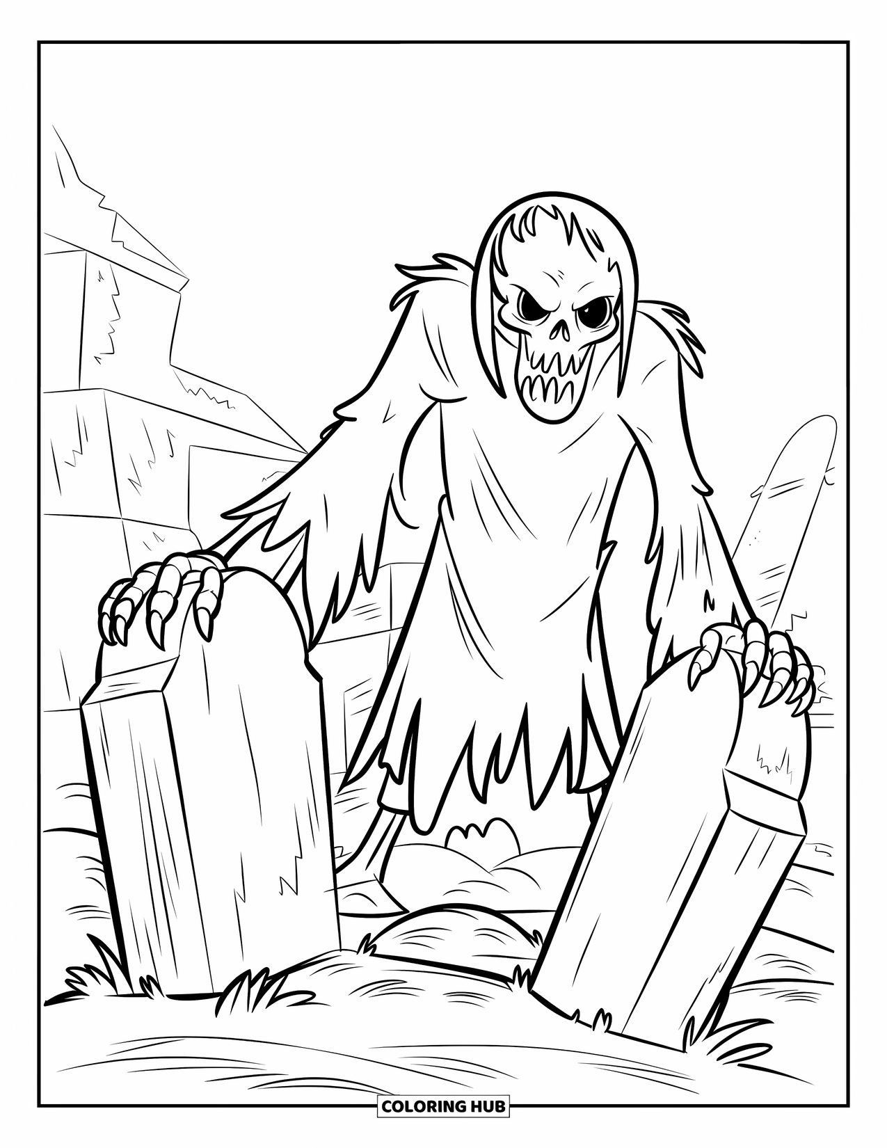 Scary Monster Coloring Page for Kids: A tall skeletal monster lurks behind crooked gravestones in a spooky graveyard