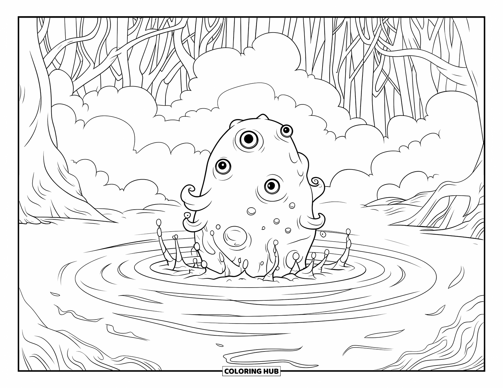 Scary Monster Coloring Page for Kids: A tentacled swamp monster emerges among swirling ground, mist, and gnarled trees
