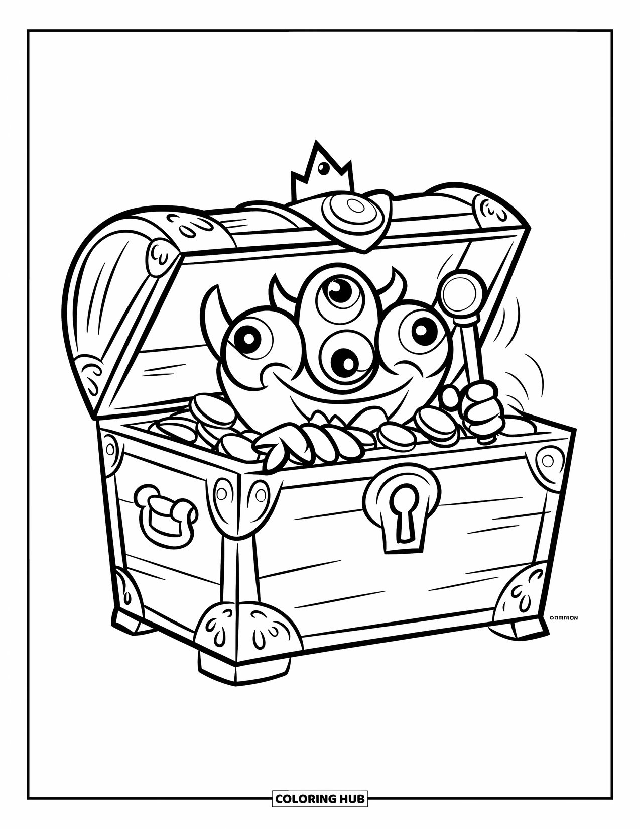Scary Monster Coloring Page for Kids: A three-eyed monster peeks from a treasure chest filled with gold coins