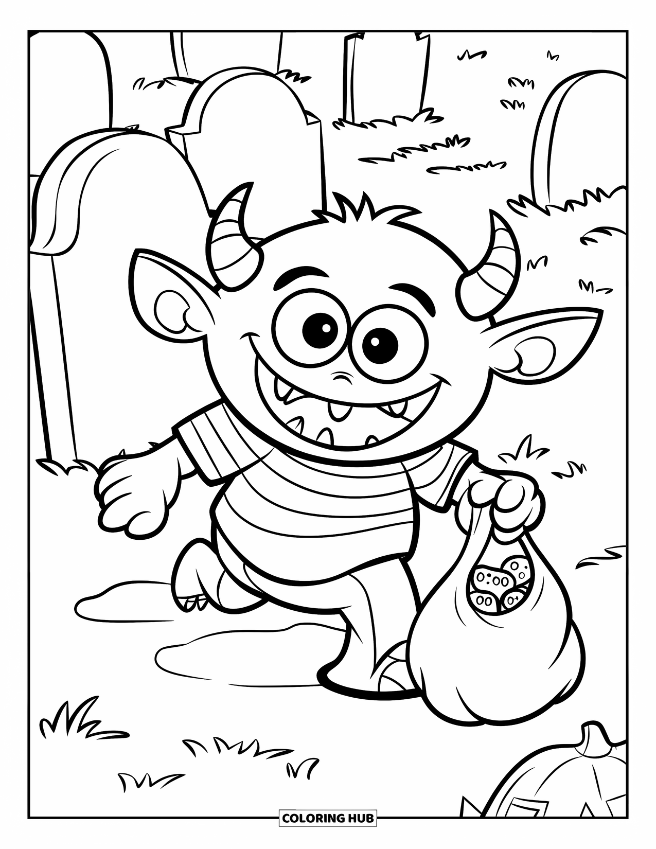 Scary Monster Coloring Page for Kids: A wide-grinned monster tiptoes among gravestones carrying a bag of treats