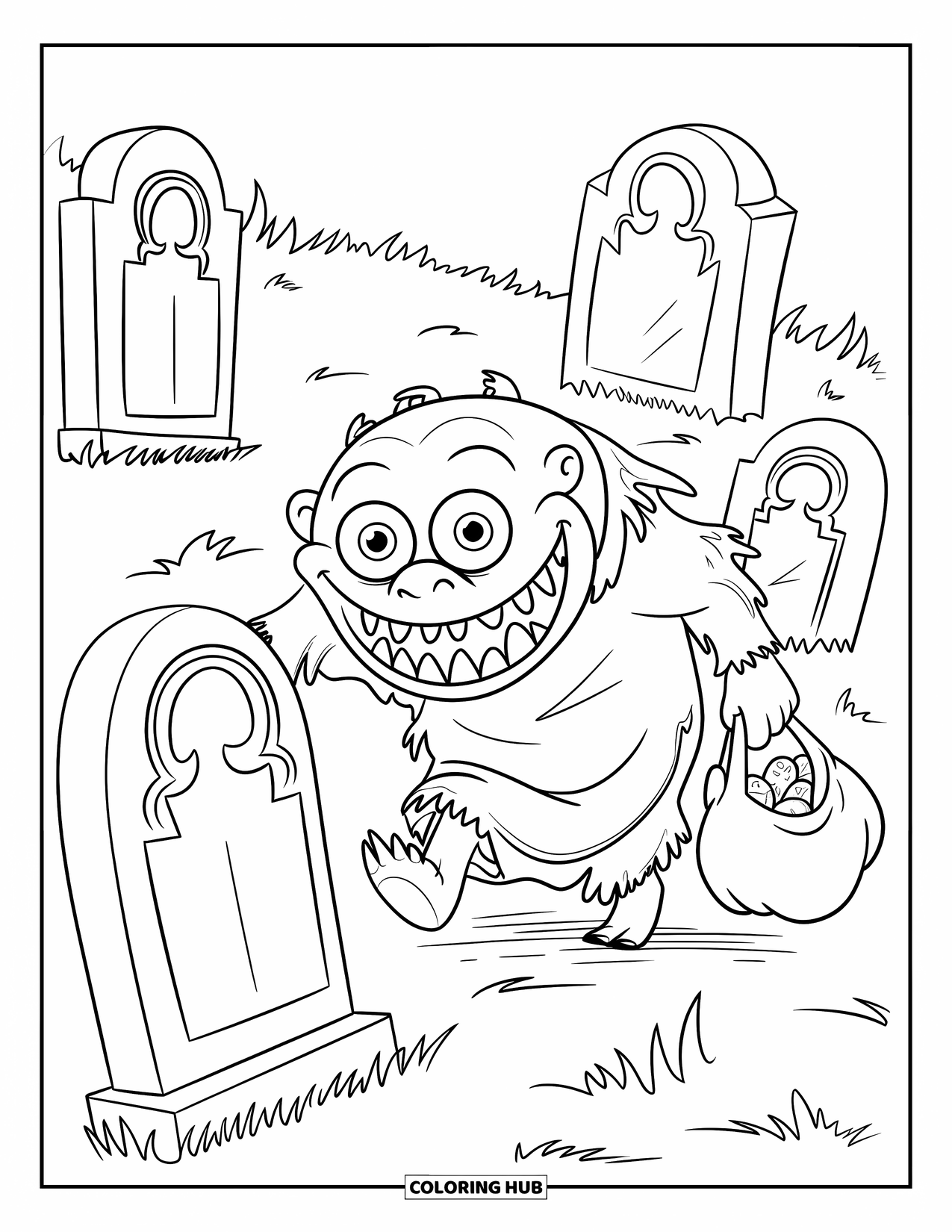 Scary Monster Coloring Page for Kids: A wide-grinned monster with treats sneaks around gravestones under a dark night sky