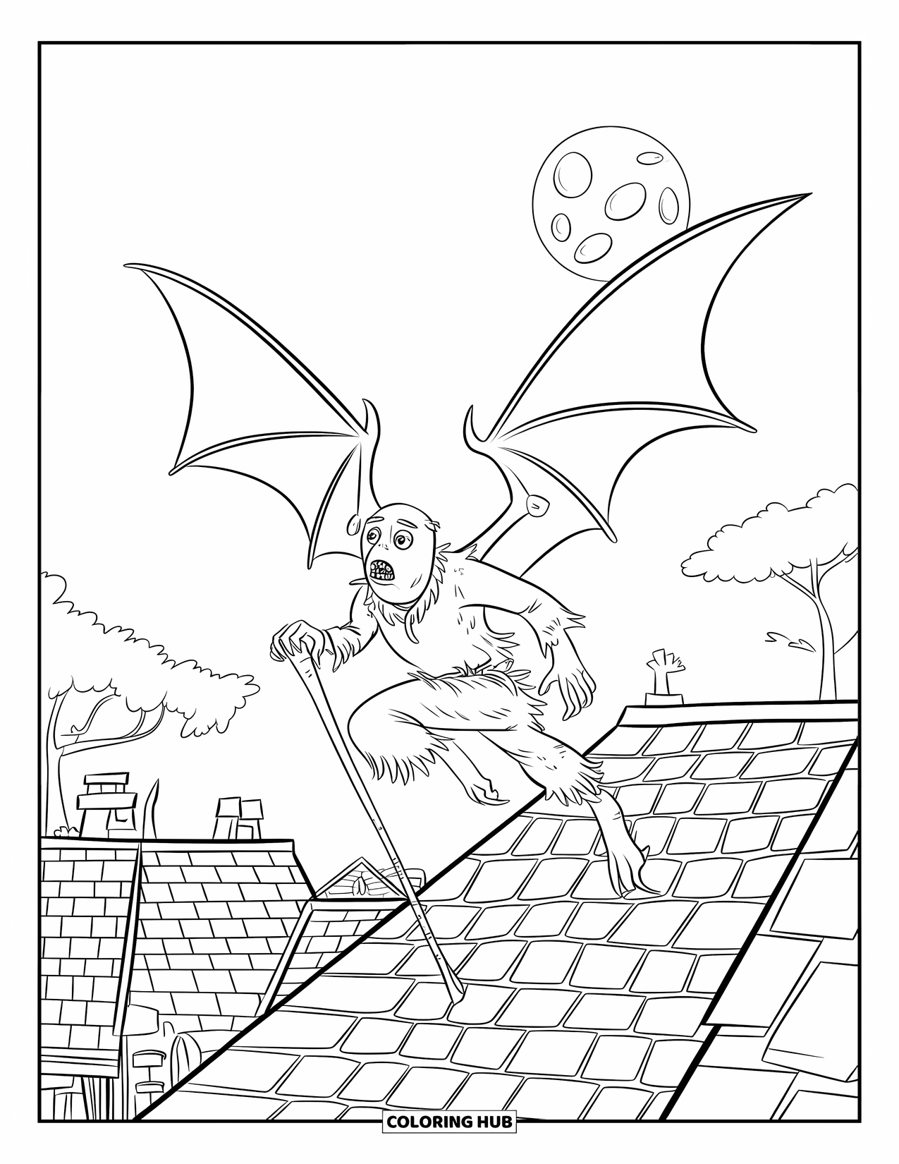 Scary Monster Coloring Page for Kids: A winged monster in tattered clothes jumps rooftops holding a staff under a full moon