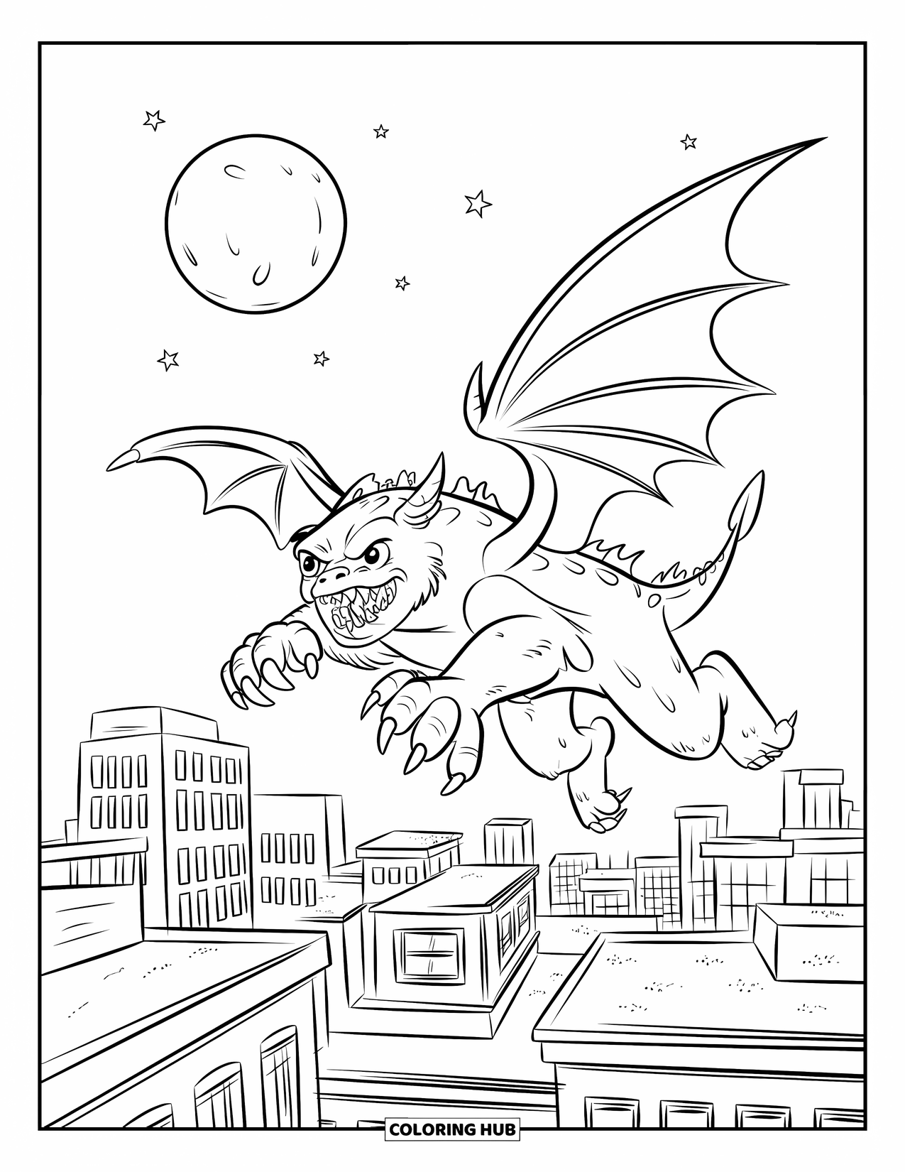 Scary Monster Coloring Page for Kids: A winged monster leaps across city rooftops under a full moon and starry sky