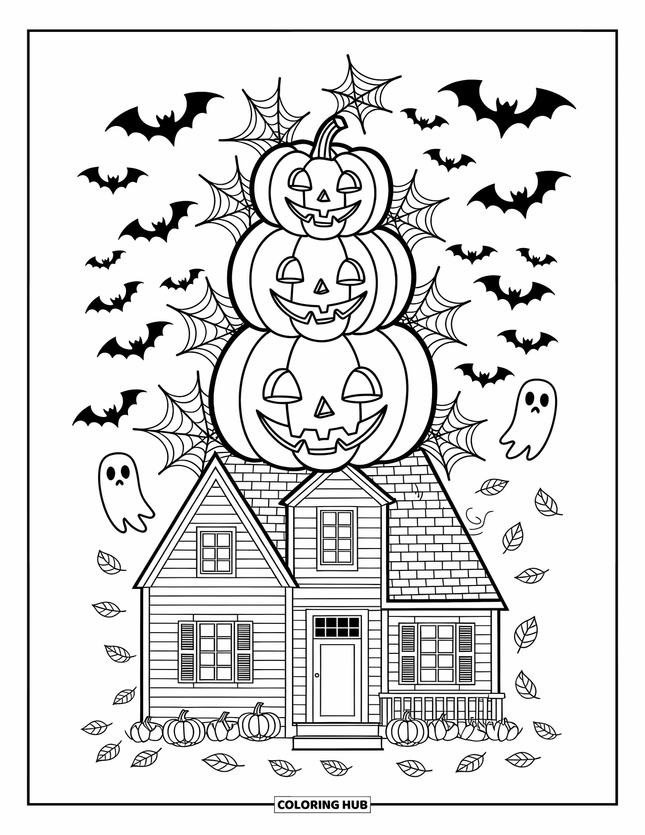 Scary Pumpkin Coloring Page for Adults: Carved pumpkins glow on a rustic shelf beside a bubbling cauldron