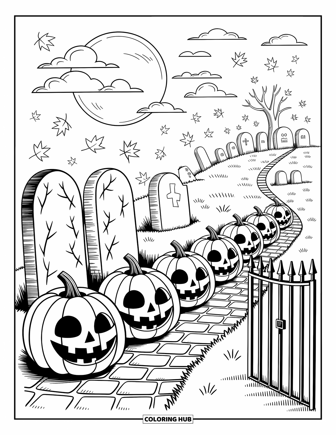 Scary Pumpkin Coloring Page for Adults: Crooked tombstones and pumpkins line a winding path with autumn leaves
