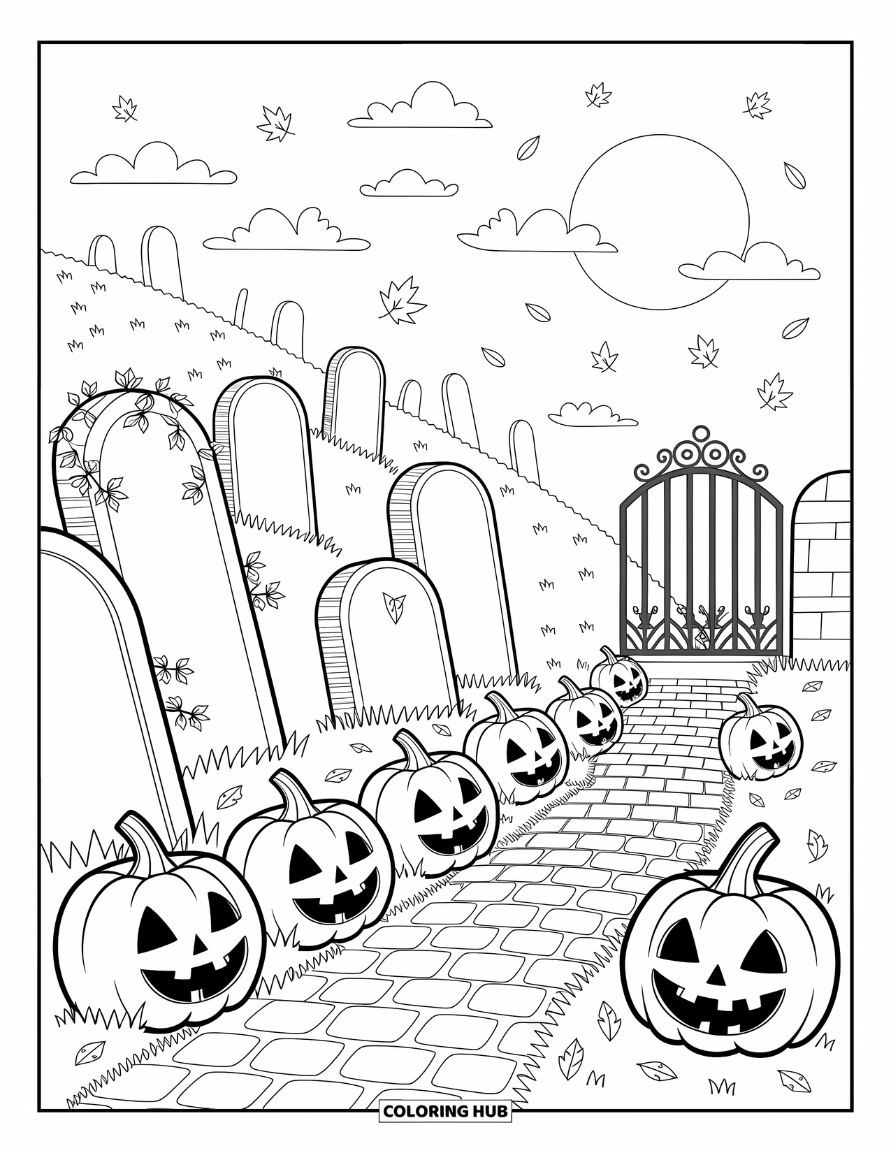 Scary Pumpkin Coloring Page for Adults: Jack-oí-lanterns glow along a hilltop cemetery path under the moon