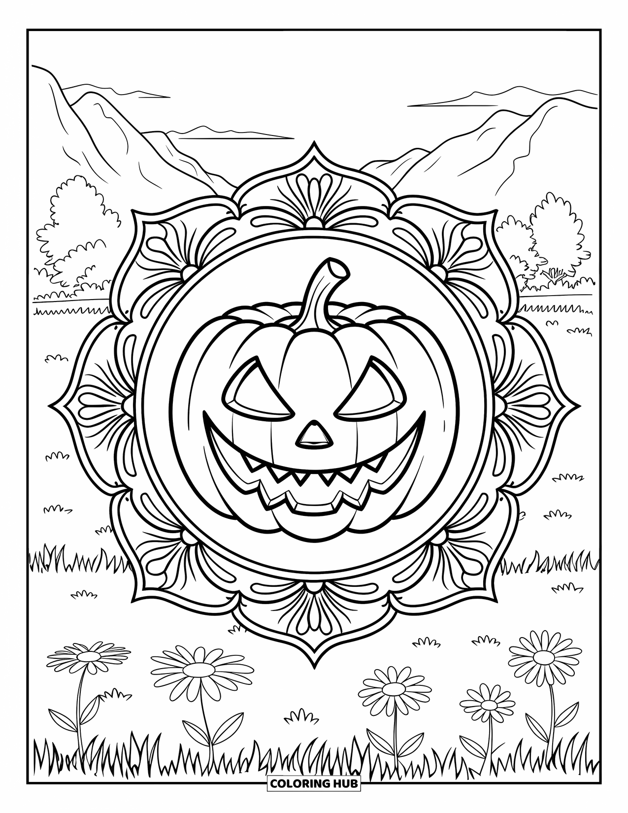 Scary Pumpkin Coloring Page for Adults: Pumpkin in a floral mandala set against mountains, trees, and a grassy field