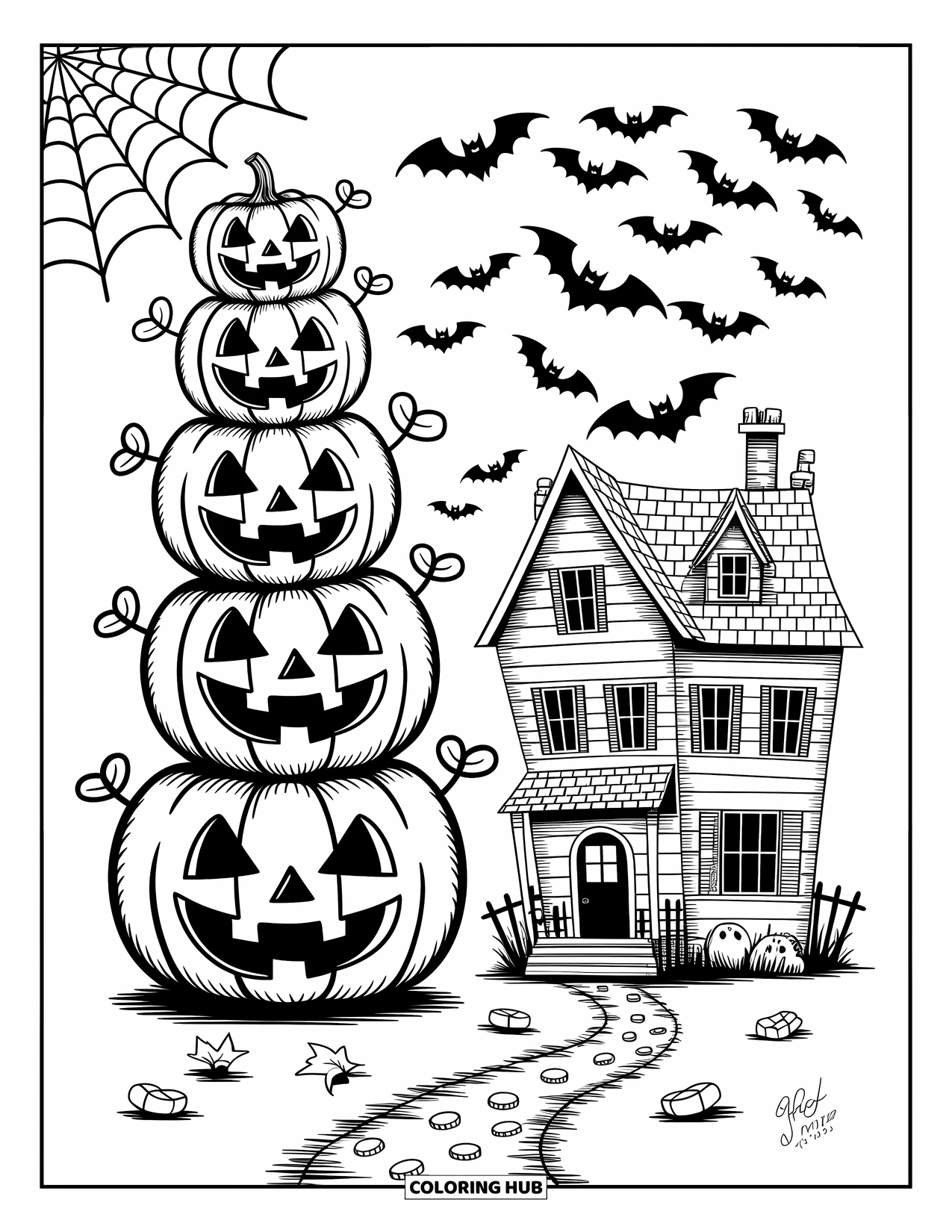 Scary Pumpkin Coloring Page for Adults: Pumpkin stack connected with spiderwebs before a crooked haunted house