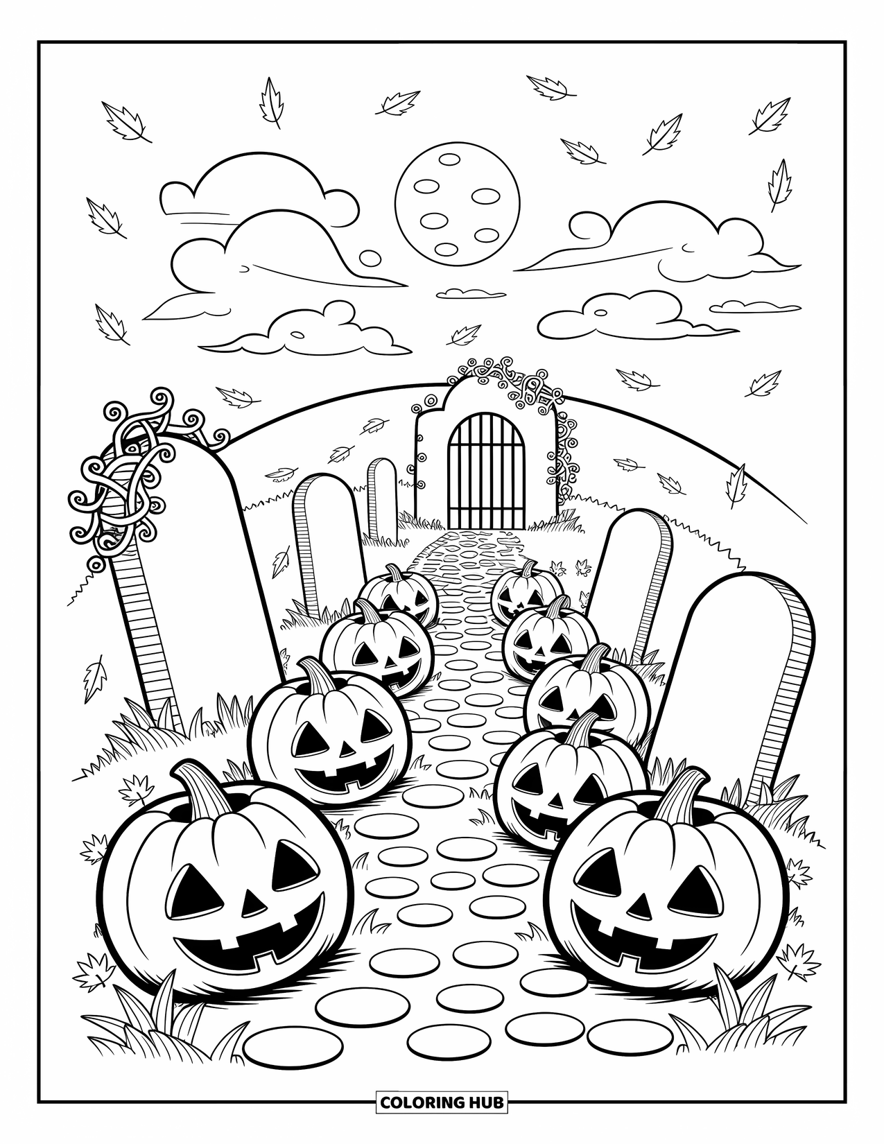 Scary Pumpkin Coloring Page for Adults: Pumpkin tower with bats swirling and ghosts drifting from windows