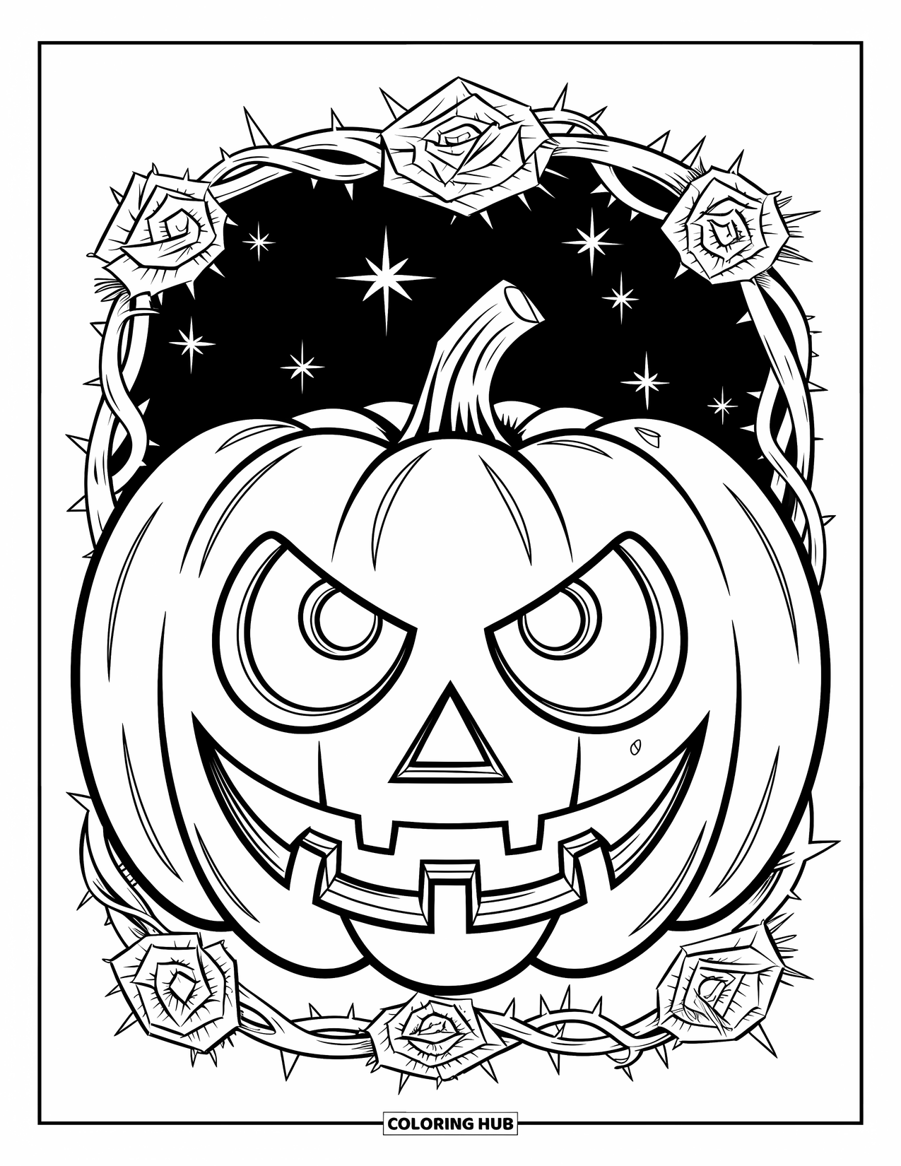 Scary Pumpkin Coloring Page for Adults: Pumpkin with bulging eyes framed by thorny roses beneath a starry sky