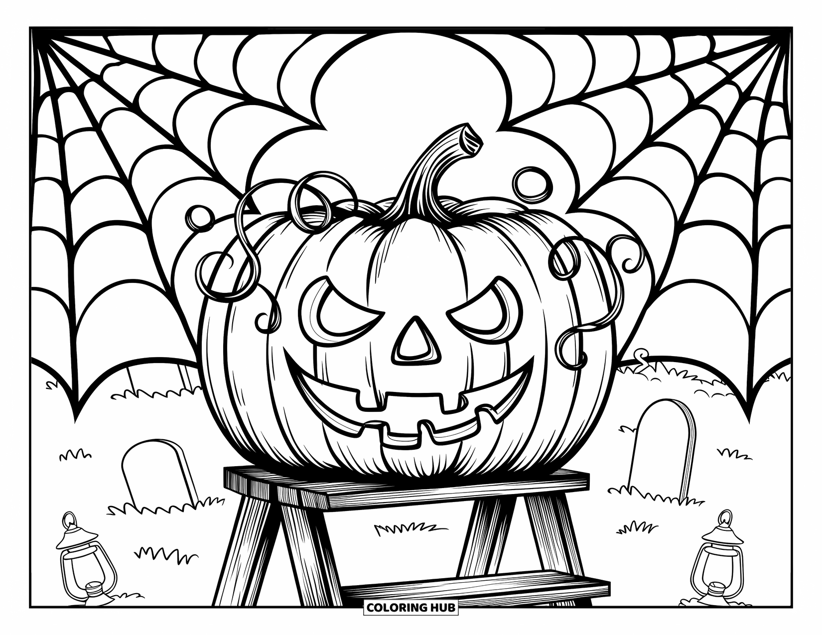 Scary Pumpkin Coloring Page for Adults: Pumpkin with curling vines framed in stained glass spiderweb near a spooky graveyard