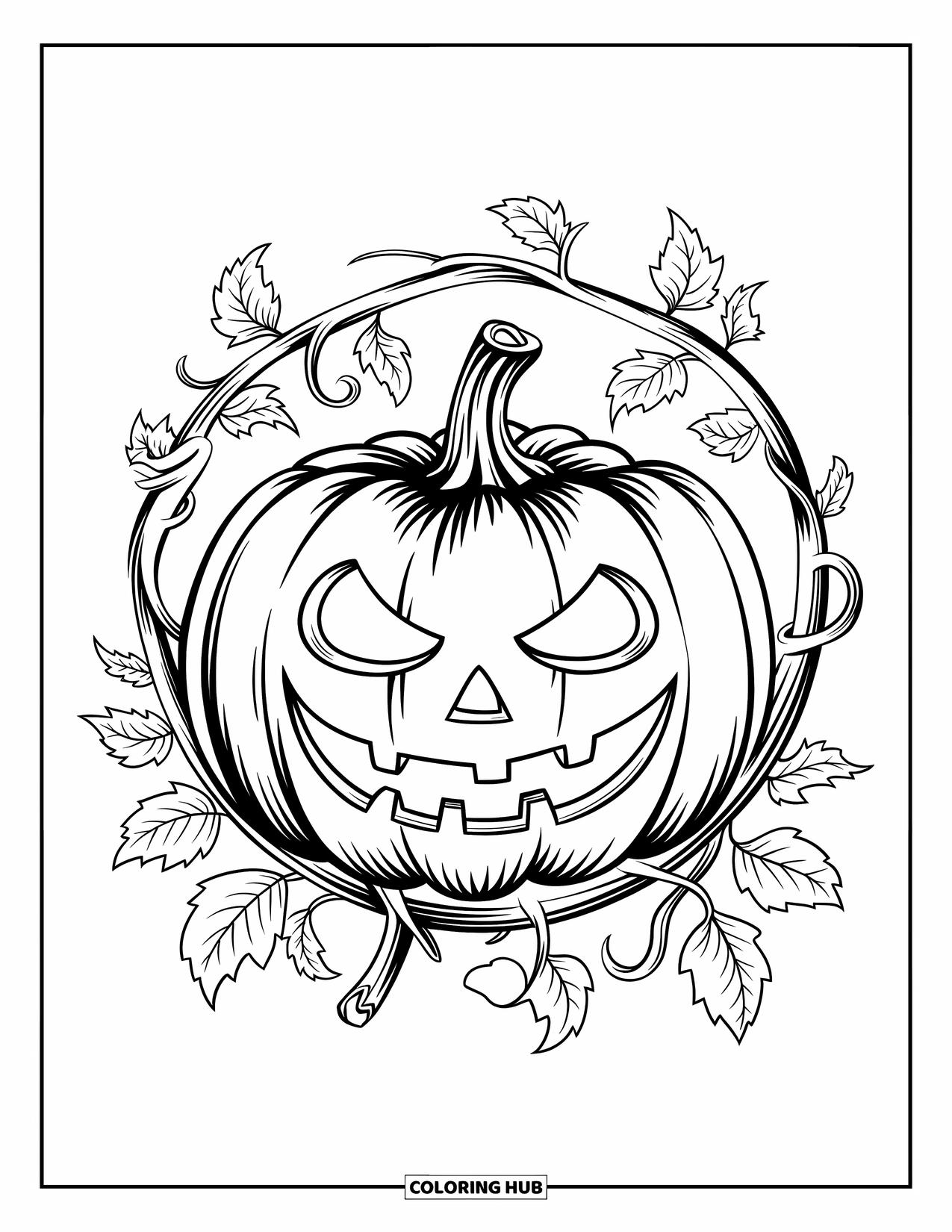 Scary Pumpkin Coloring Page for Adults: Pumpkin with eerie grin wrapped in vines and leaves on a plain background