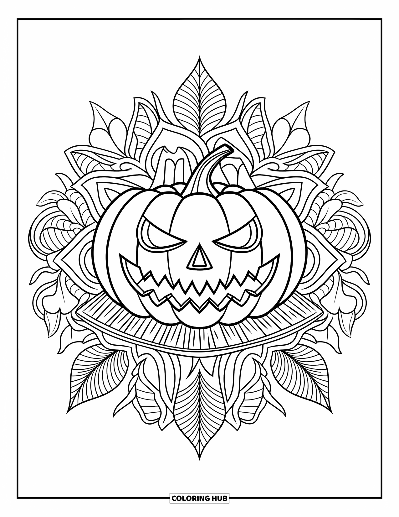 Scary Pumpkin Coloring Page for Adults: Pumpkin with sharp teeth sitting on a wooden base within a botanical mandala