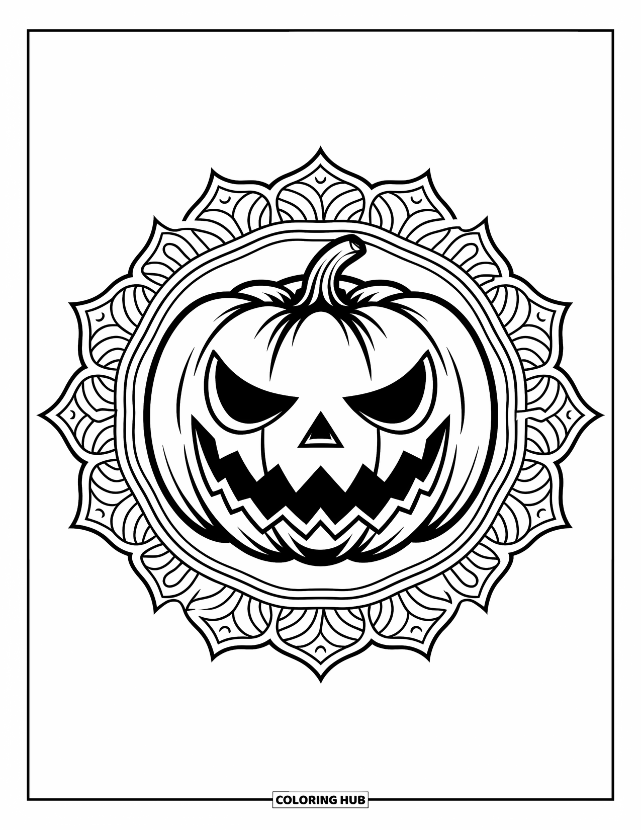 Scary Pumpkin Coloring Page for Adults: Pumpkin with wide grin centered in a floral mandala design