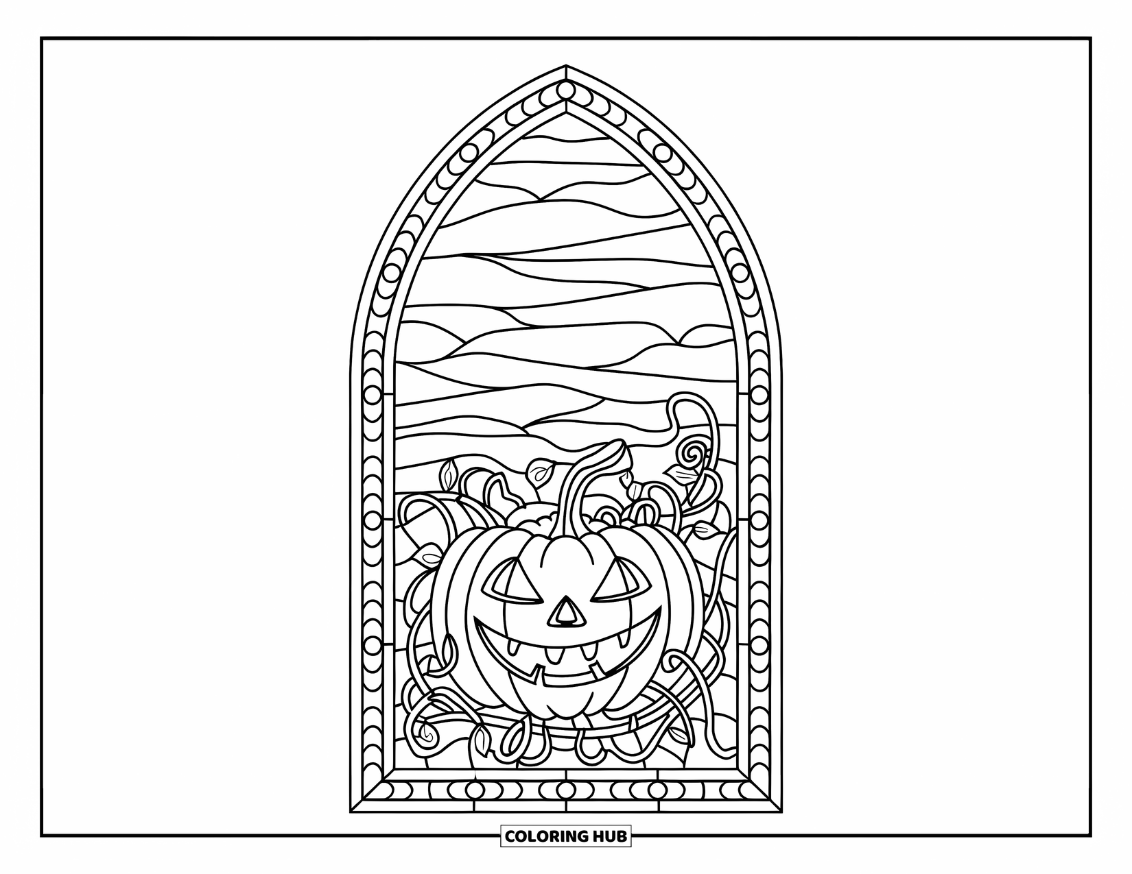 Scary Pumpkin Coloring Page for Adults: Scary pumpkin on vines inside a gothic stained glass window under a cloudy night sky
