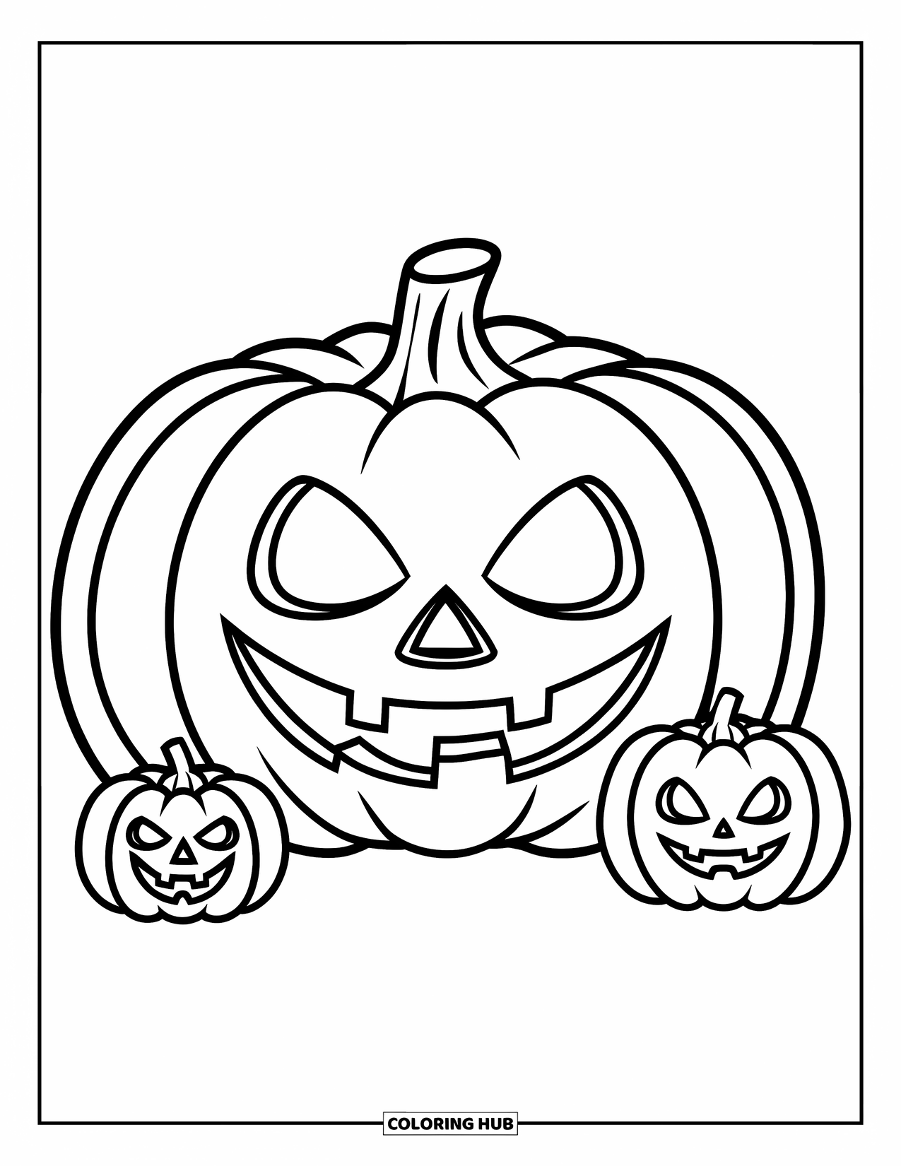 Scary Pumpkin Coloring Page for Kids: Big pumpkin with two smaller pumpkins sitting beside it playfully