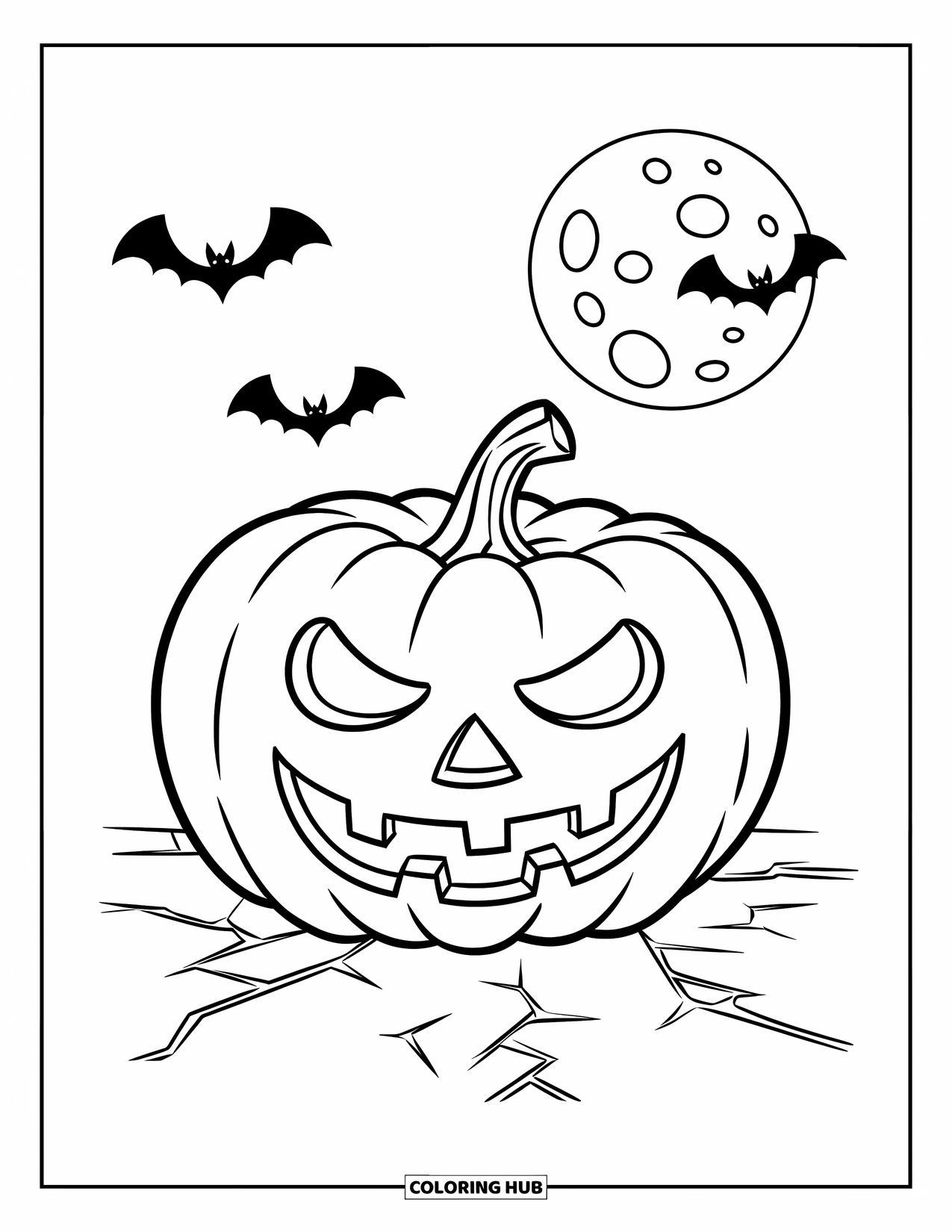 Scary Pumpkin Coloring Page for Kids: Grinning jack-o'-lantern resting on cracked ground under a full moon with bats