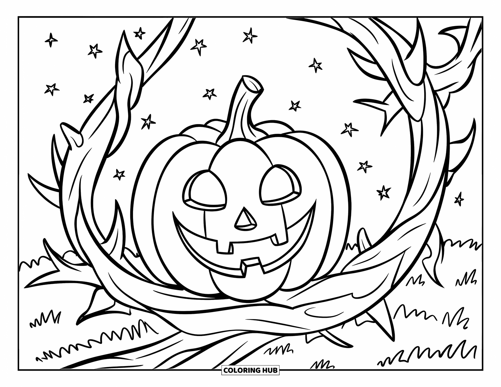 Scary Pumpkin Coloring Page for Kids: Grinning pumpkin hidden behind twisted thorny bushes under a starry sky