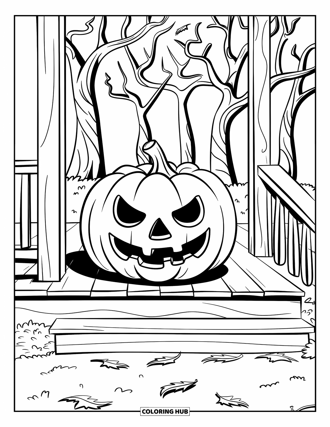 Scary Pumpkin Coloring Page for Kids: Grinning pumpkin resting on a wooden porch with twisted spooky trees