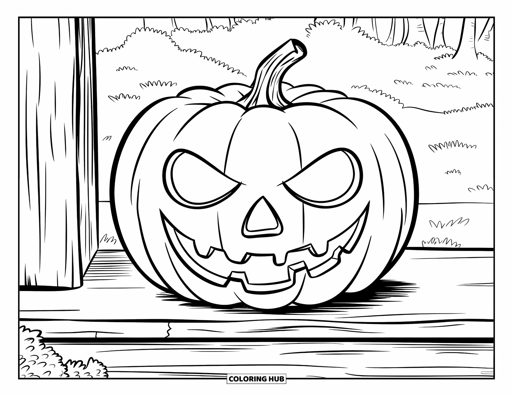 Scary Pumpkin Coloring Page for Kids: Grinning pumpkin with glowing eyes sitting on a worn wooden porch step