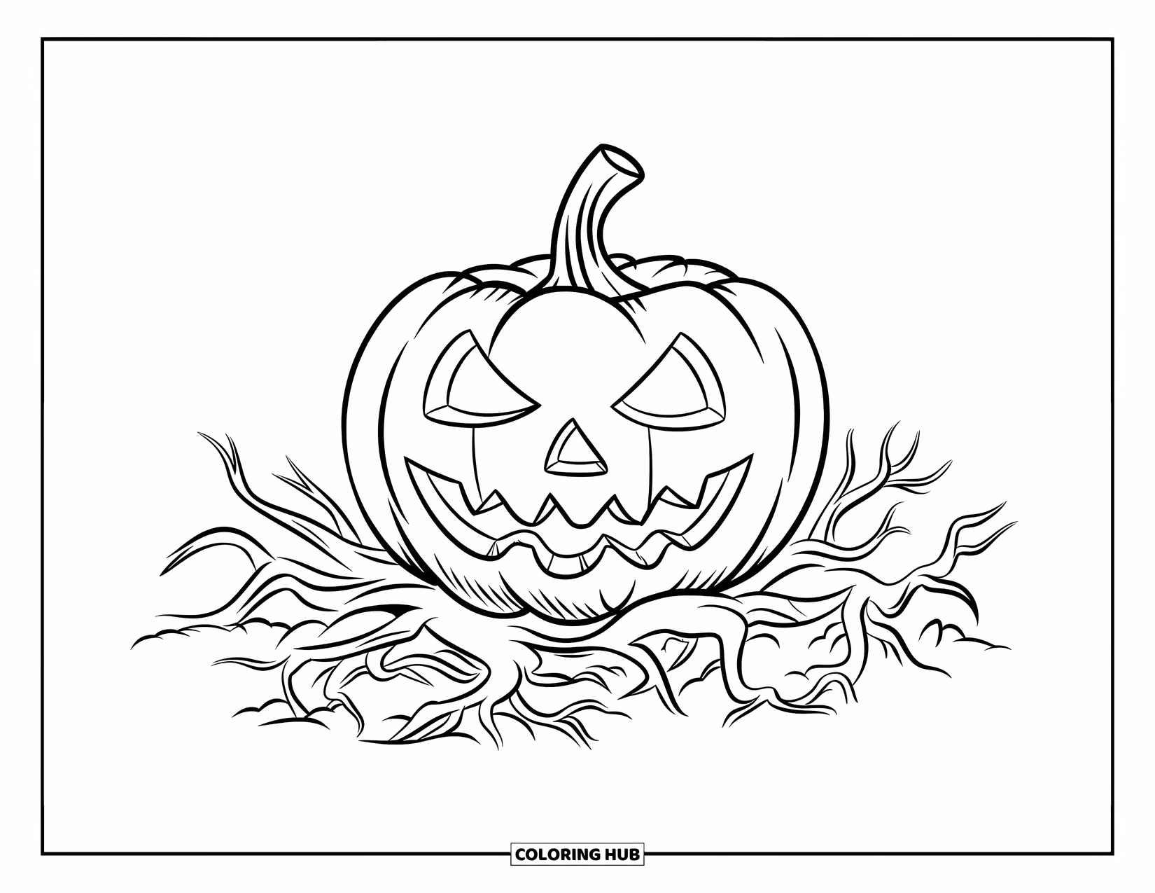 Scary Pumpkin Coloring Page for Kids: Grinning pumpkin with jagged teeth glowing on top of tangled tree roots