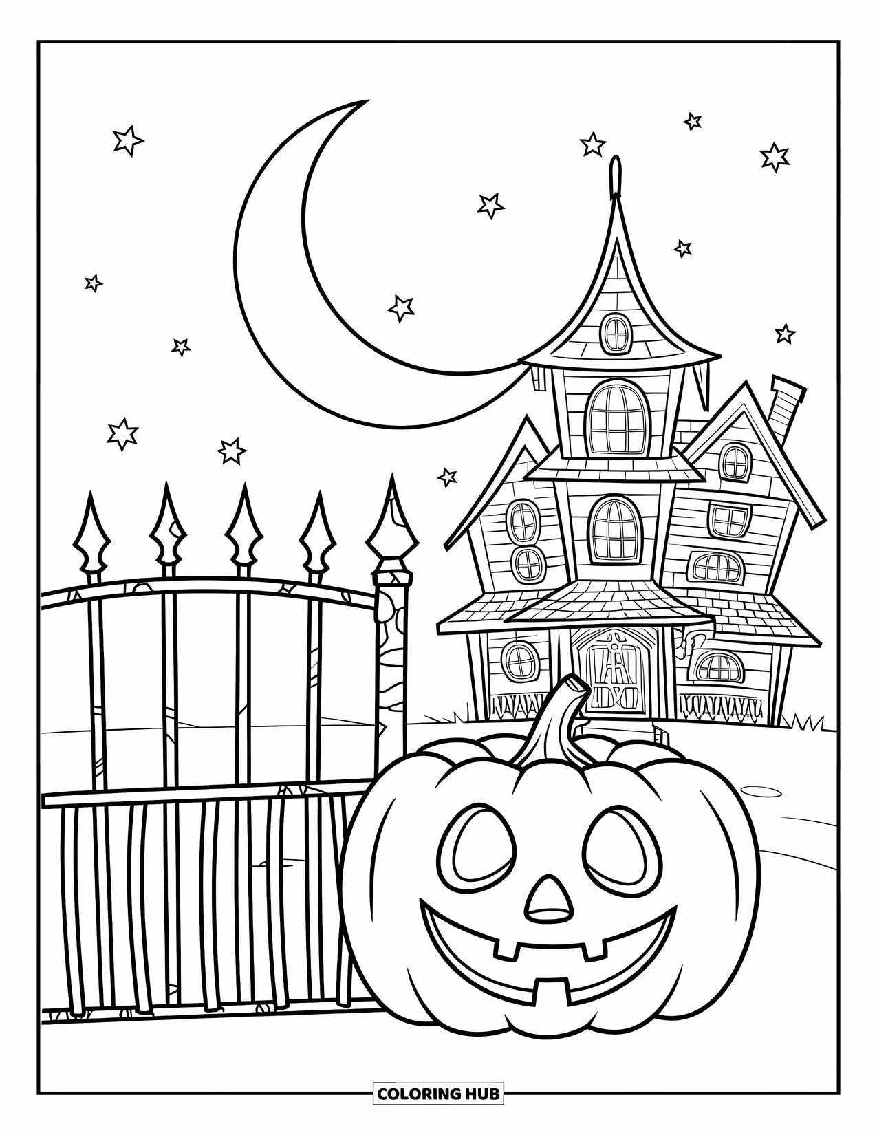 Scary Pumpkin Coloring Page for Kids: Haunted house gate with a creepy pumpkin under a starry night sky