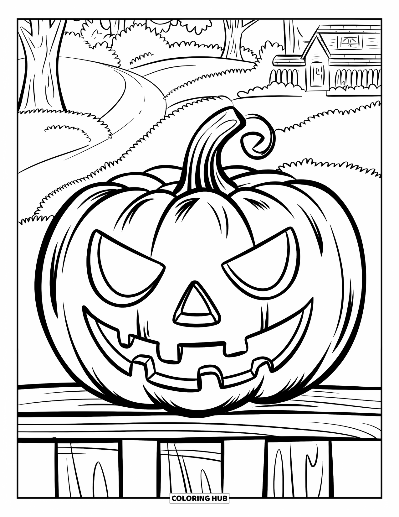 Scary Pumpkin Coloring Page for Kids: Jack-o'-lantern with curly stem resting on a fence under a calm sky