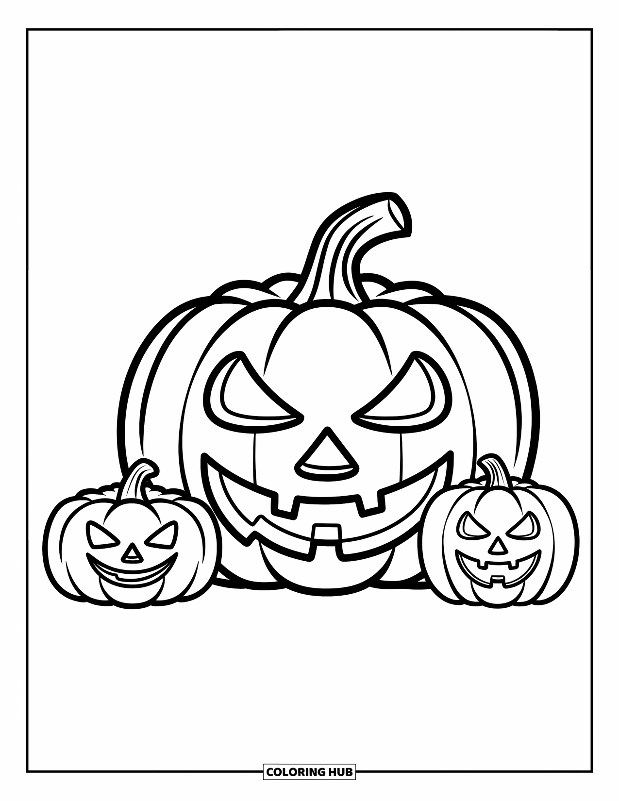 Scary Pumpkin Coloring Page for Kids: Large pumpkin with two smaller pumpkins drawn with a cheerful touch
