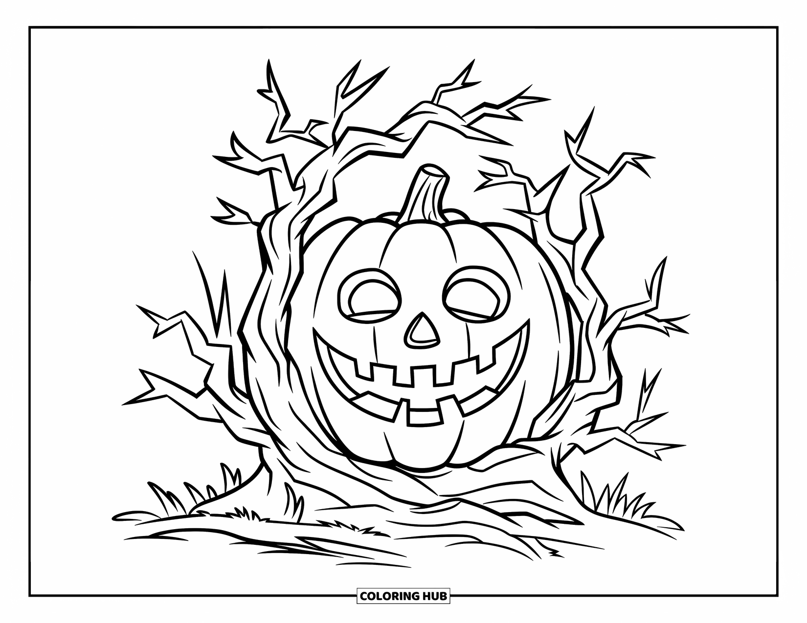 Scary Pumpkin Coloring Page for Kids: Pumpkin face peeking out from thorny twisted bushes with a grin