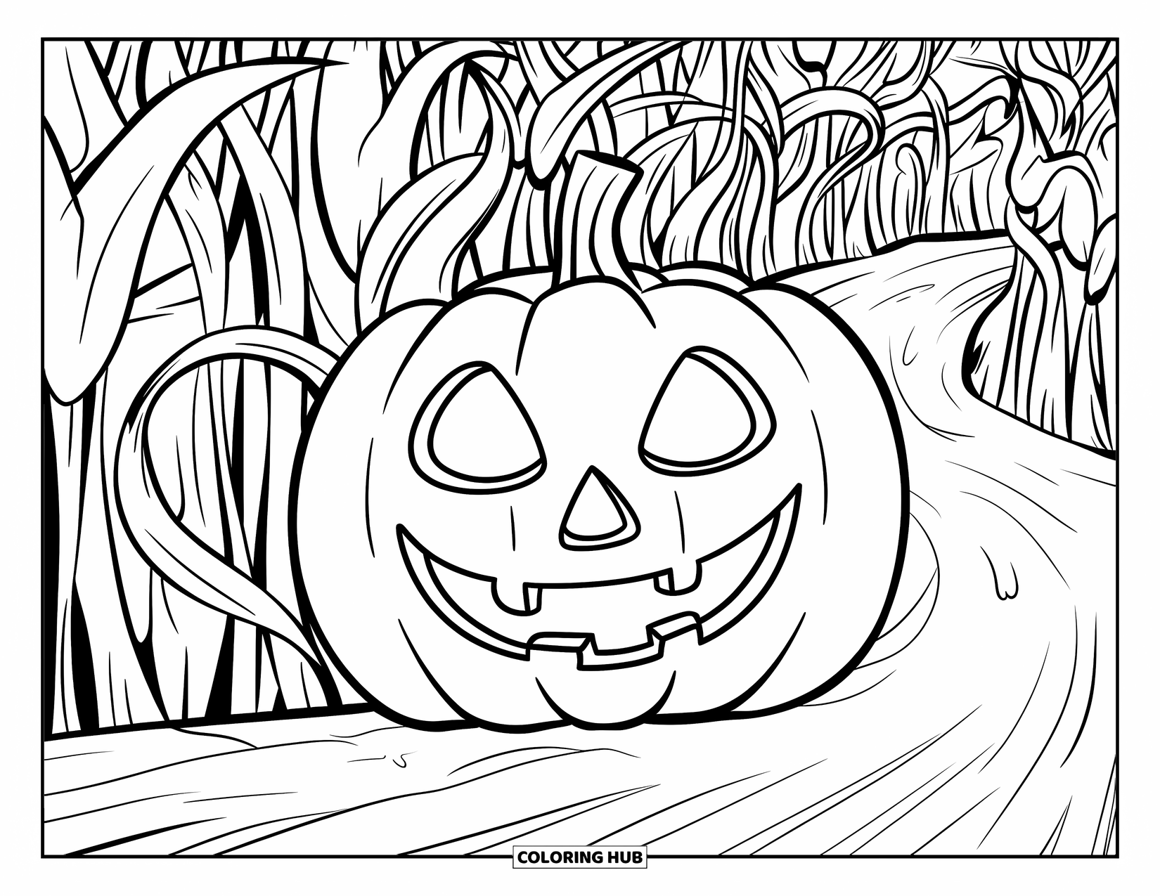 Scary Pumpkin Coloring Page for Kids: Pumpkin with a toothy grin sitting in a field of winding cornstalks and a path