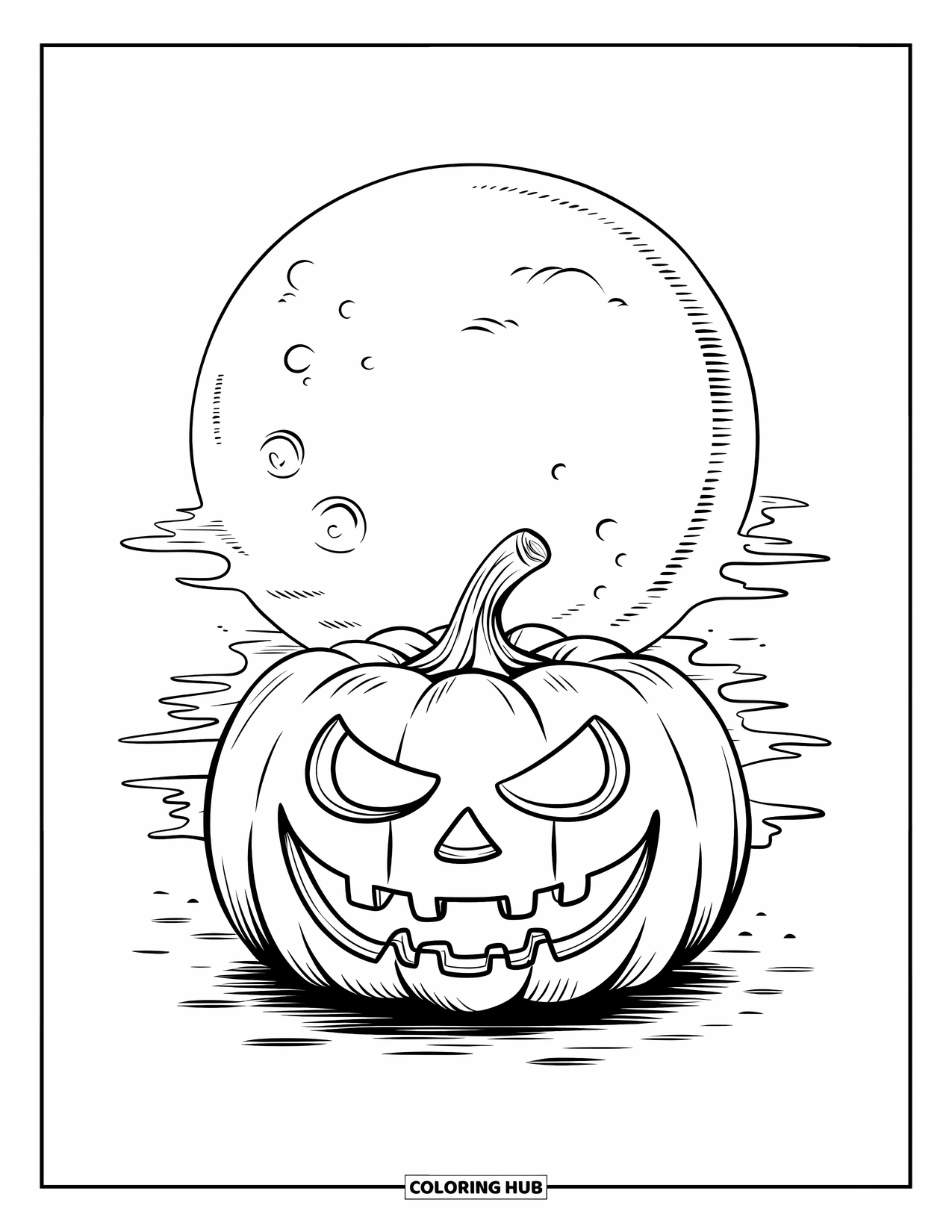 Scary Pumpkin Coloring Page for Kids: Pumpkin with a wide grin glowing under a cratered full moon