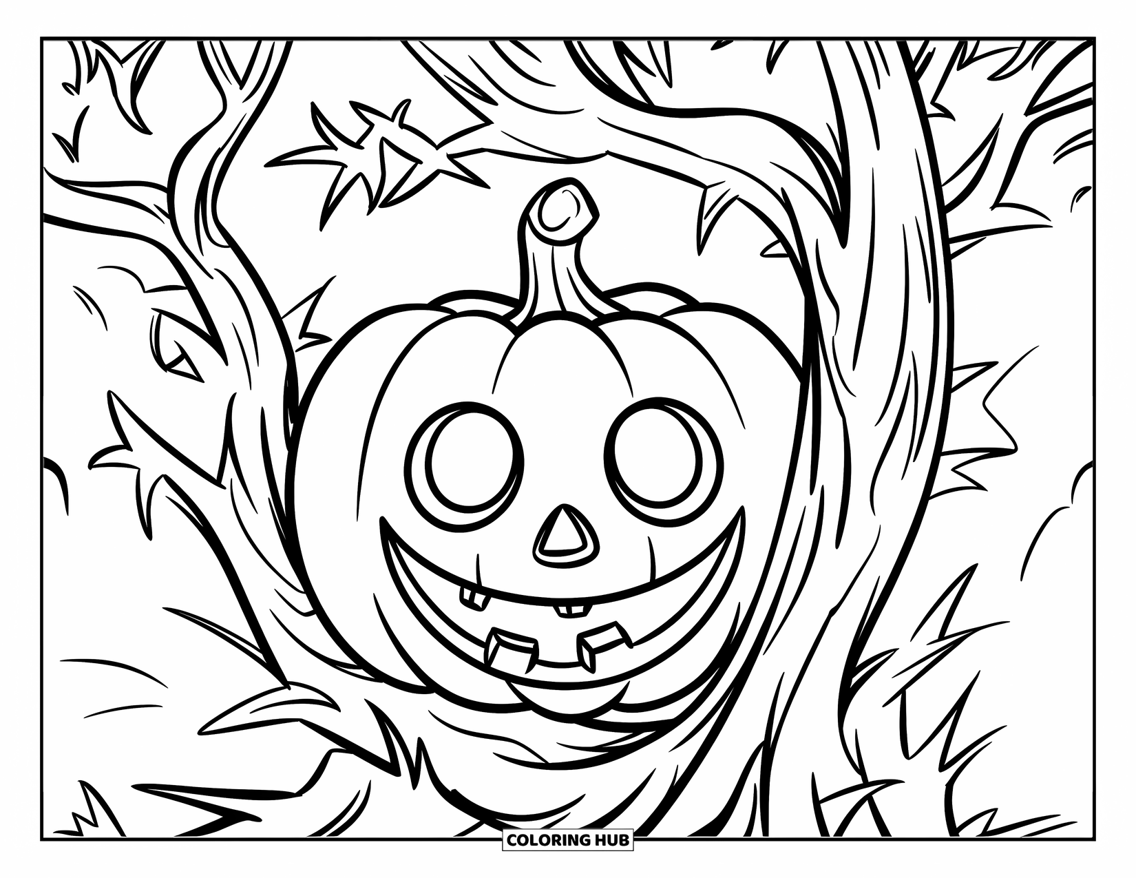 Scary Pumpkin Coloring Page for Kids: Pumpkin with a wide grin peering from sharp, twisted branches
