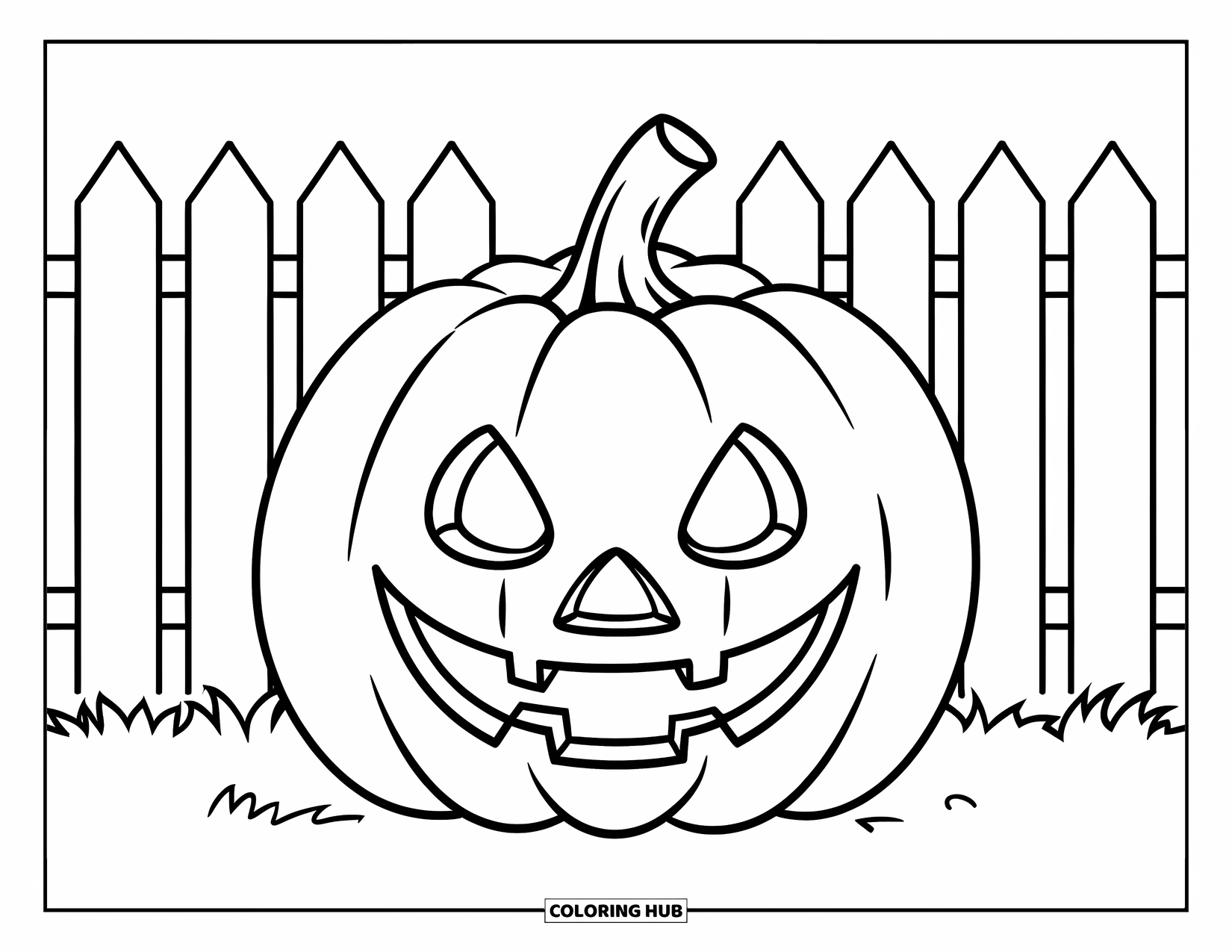 Scary Pumpkin Coloring Page for Kids: Pumpkin with a wide grin resting in front of a wooden fence