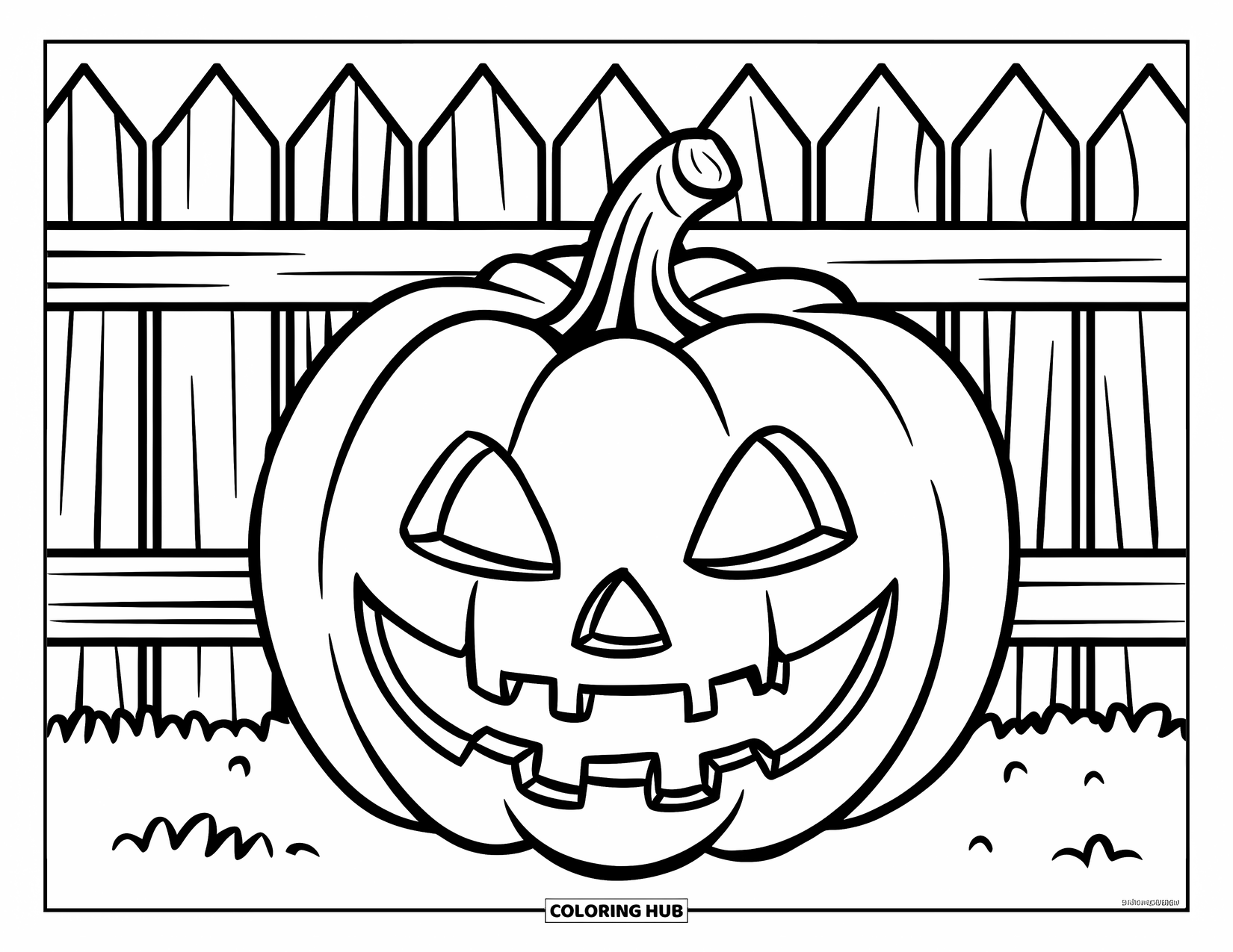 Scary Pumpkin Coloring Page for Kids: Pumpkin with sharp teeth glowing in front of a short wooden fence