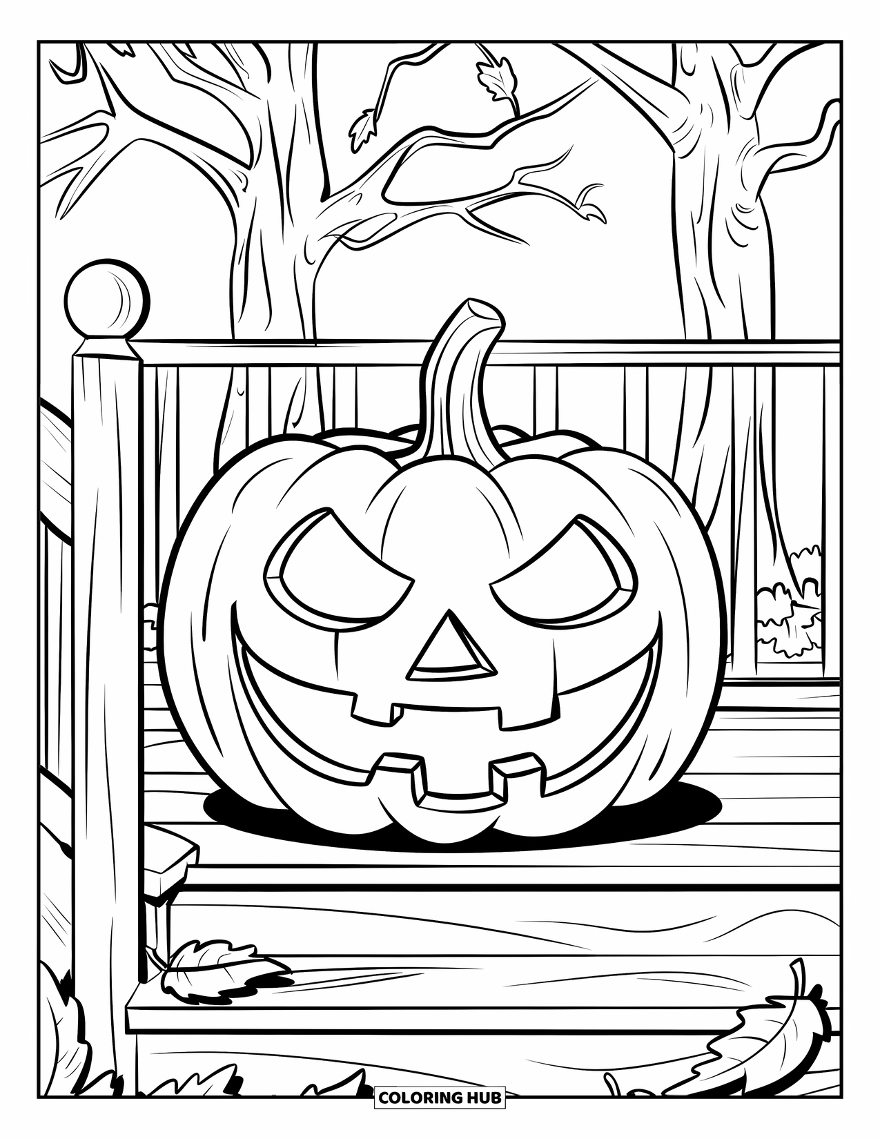 Scary Pumpkin Coloring Page for Kids: Pumpkin with sharp teeth sitting on a porch surrounded by twisted trees