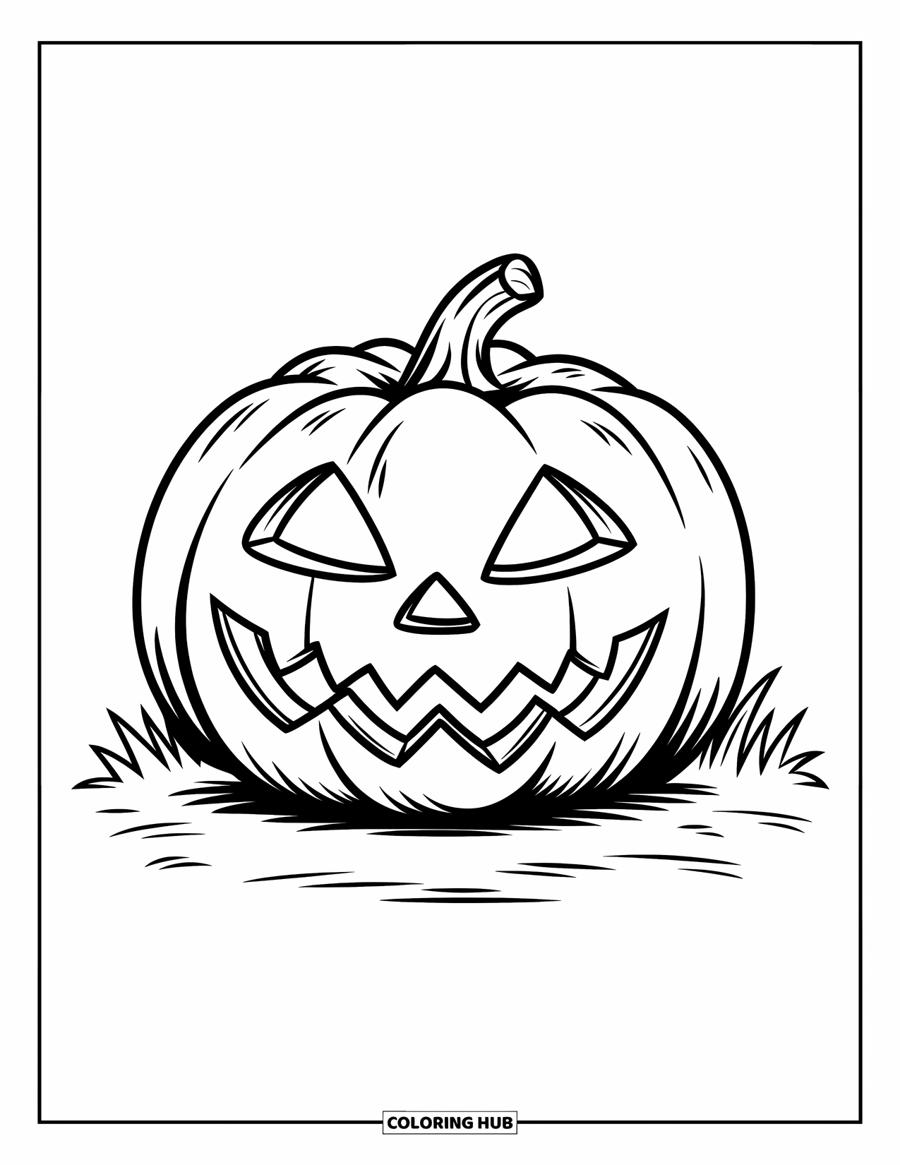 Scary Pumpkin Coloring Page for Kids: Pumpkin with zigzag mouth resting on a small grassy patch