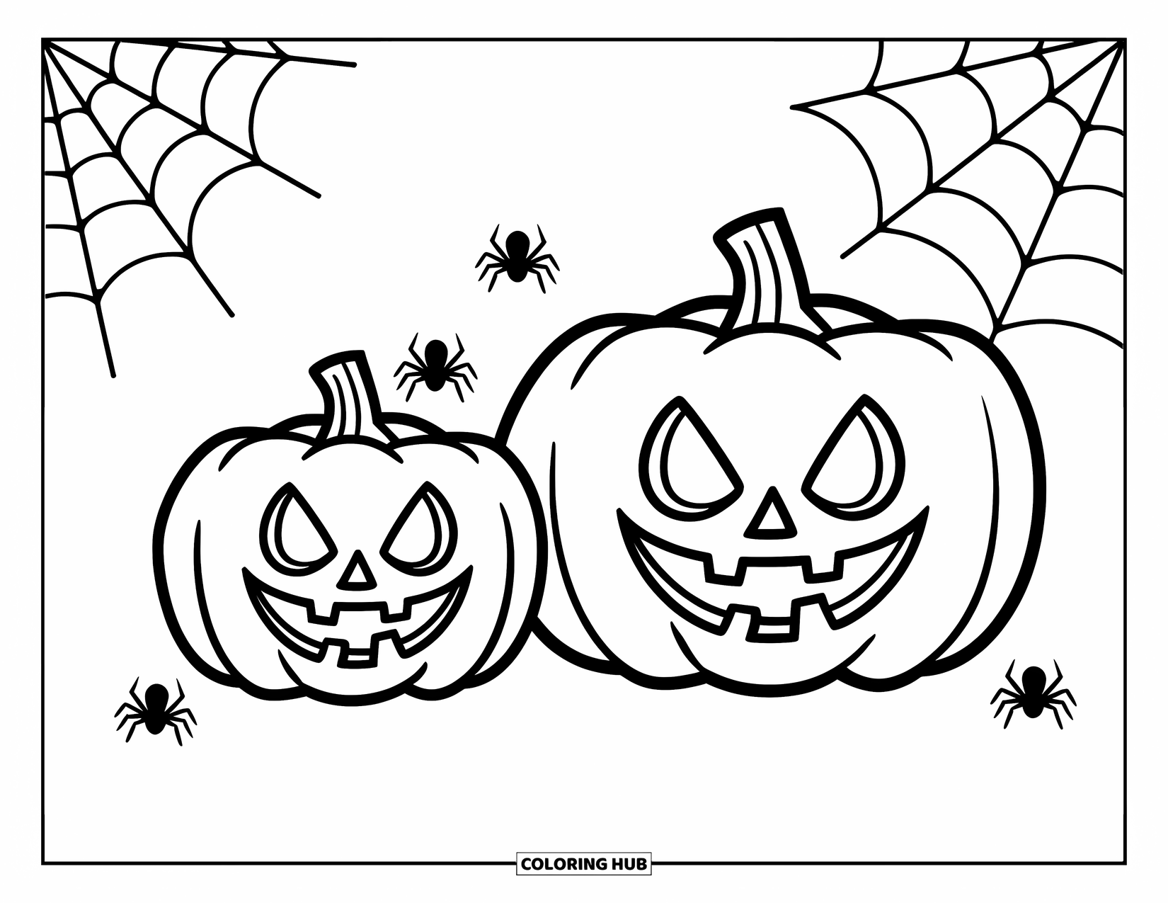 Scary Pumpkin Coloring Page for Kids: Pumpkins grinning with spiders and webs tangled closely around them