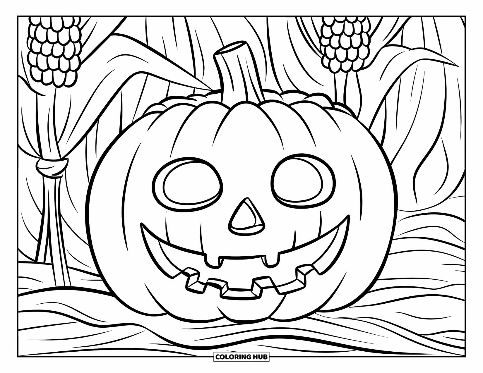 Scary Pumpkin Coloring Page for Kids: Sharp-toothed pumpkin staring from a field of dried cornstalks under the night sky
