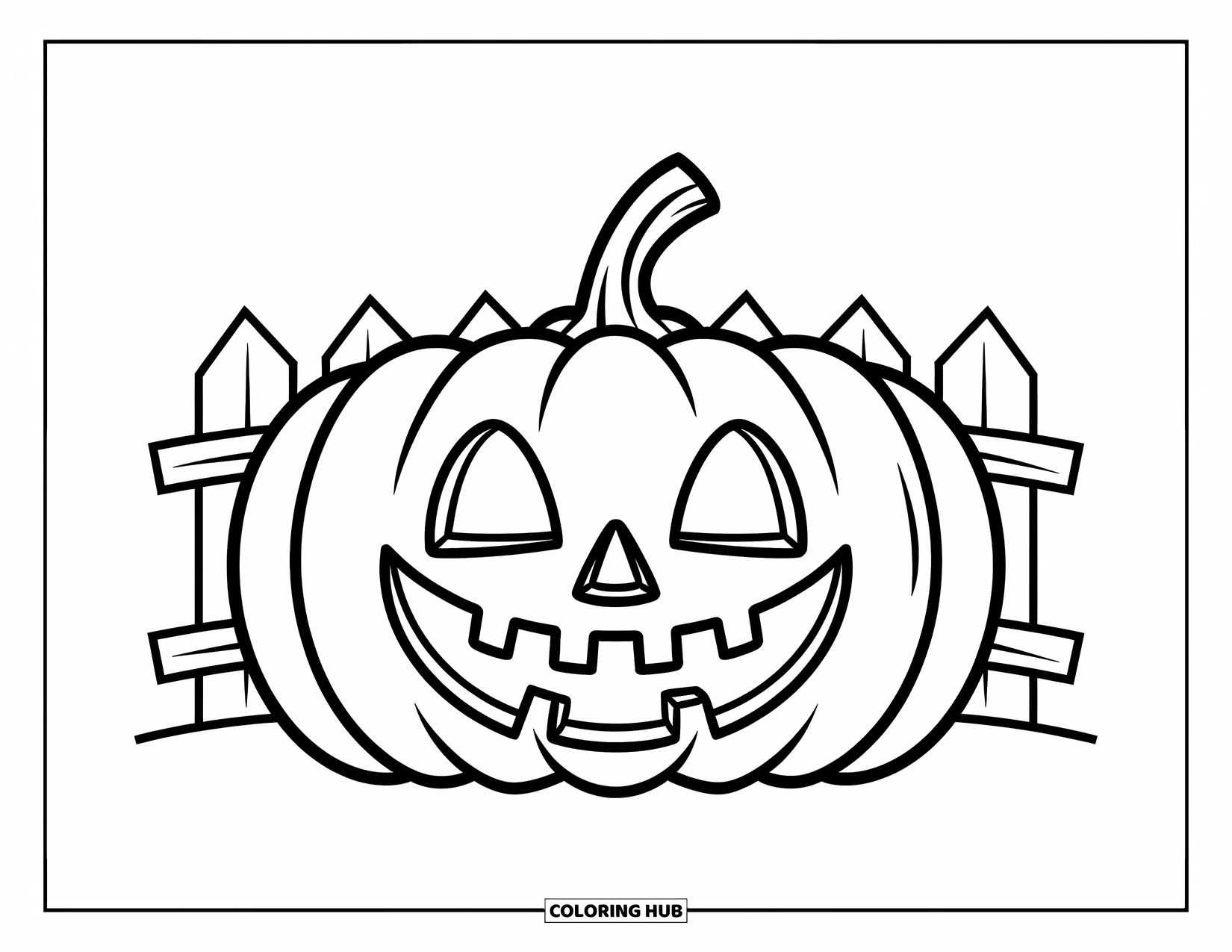 Scary Pumpkin Coloring Page for Kids: Smiling pumpkin placed in front of a small wooden fence at night