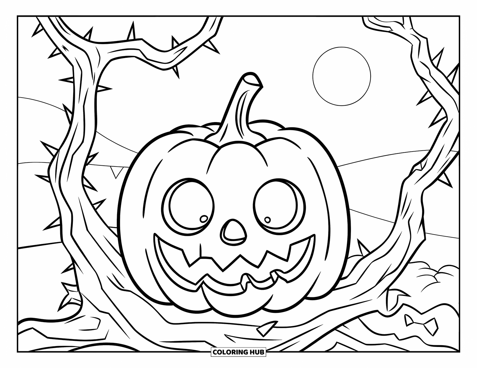 Scary Pumpkin Coloring Page for Kids: Spooky pumpkin face peeking behind a thorny bush under the moon