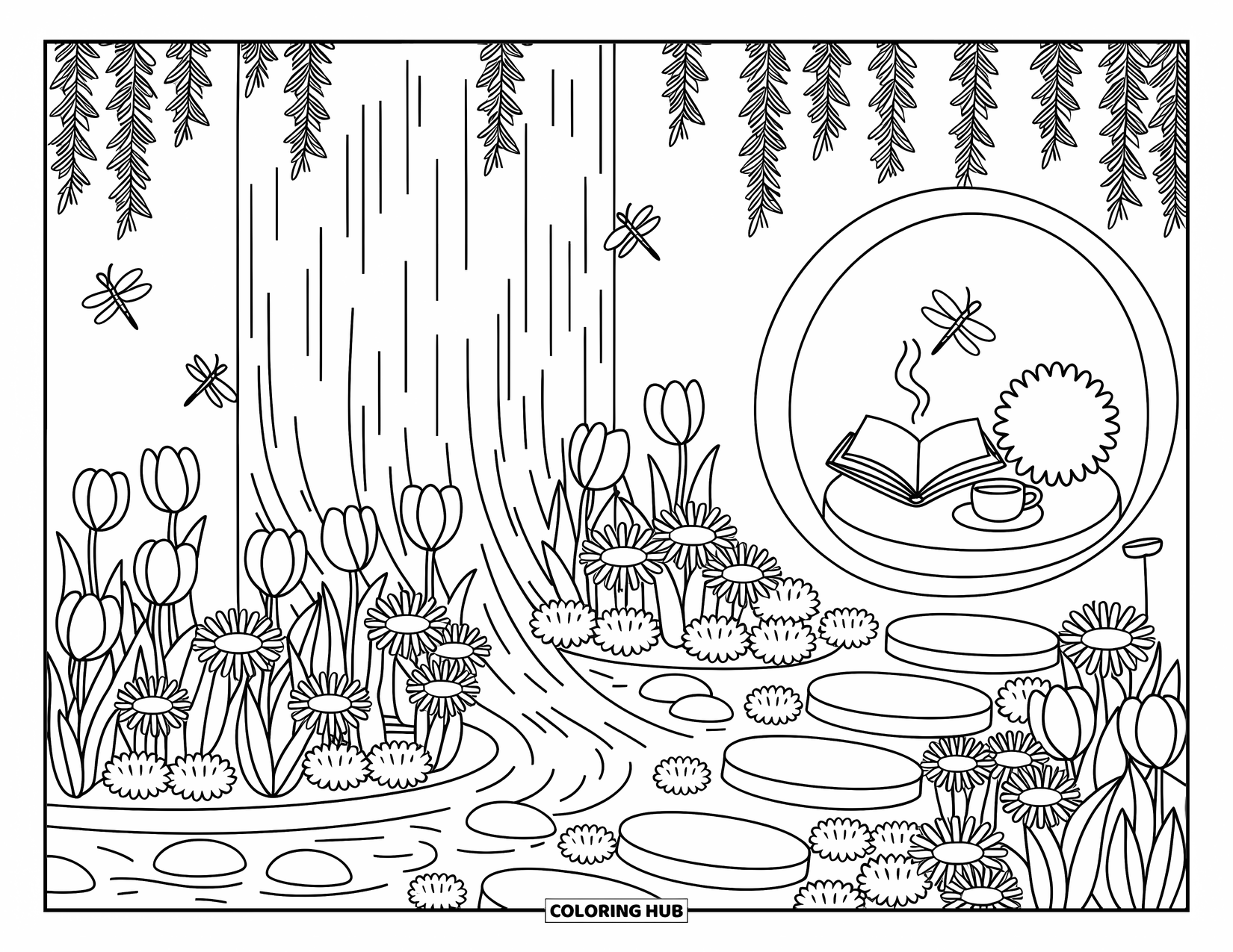 Scenery Coloring Page for Adults: A hidden garden waits behind a waterfall, with flowers, stepping stones, and a tiny reading nook