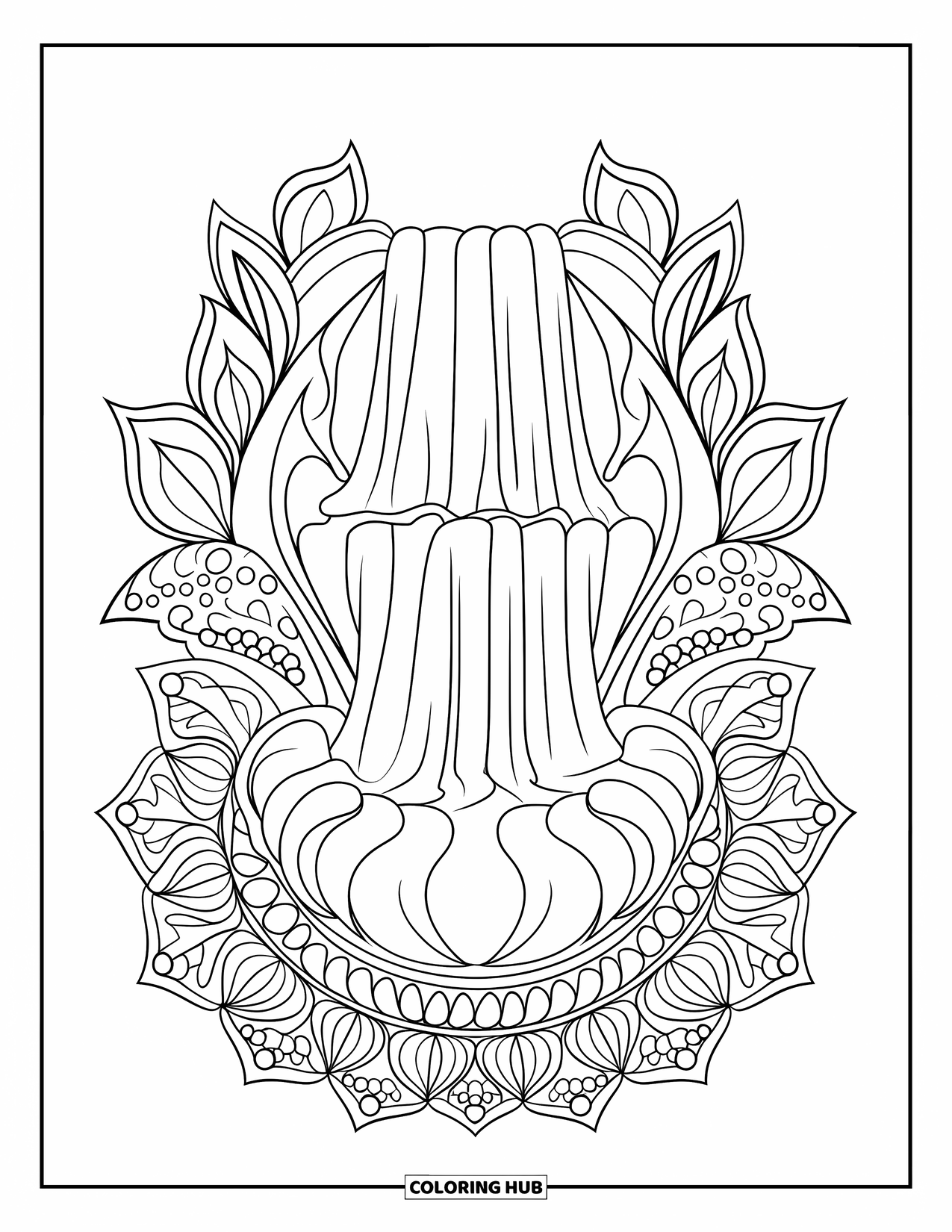 Scenery Coloring Page for Adults: A peaceful waterfall sits between petal mandalas, perfect for quiet coloring time