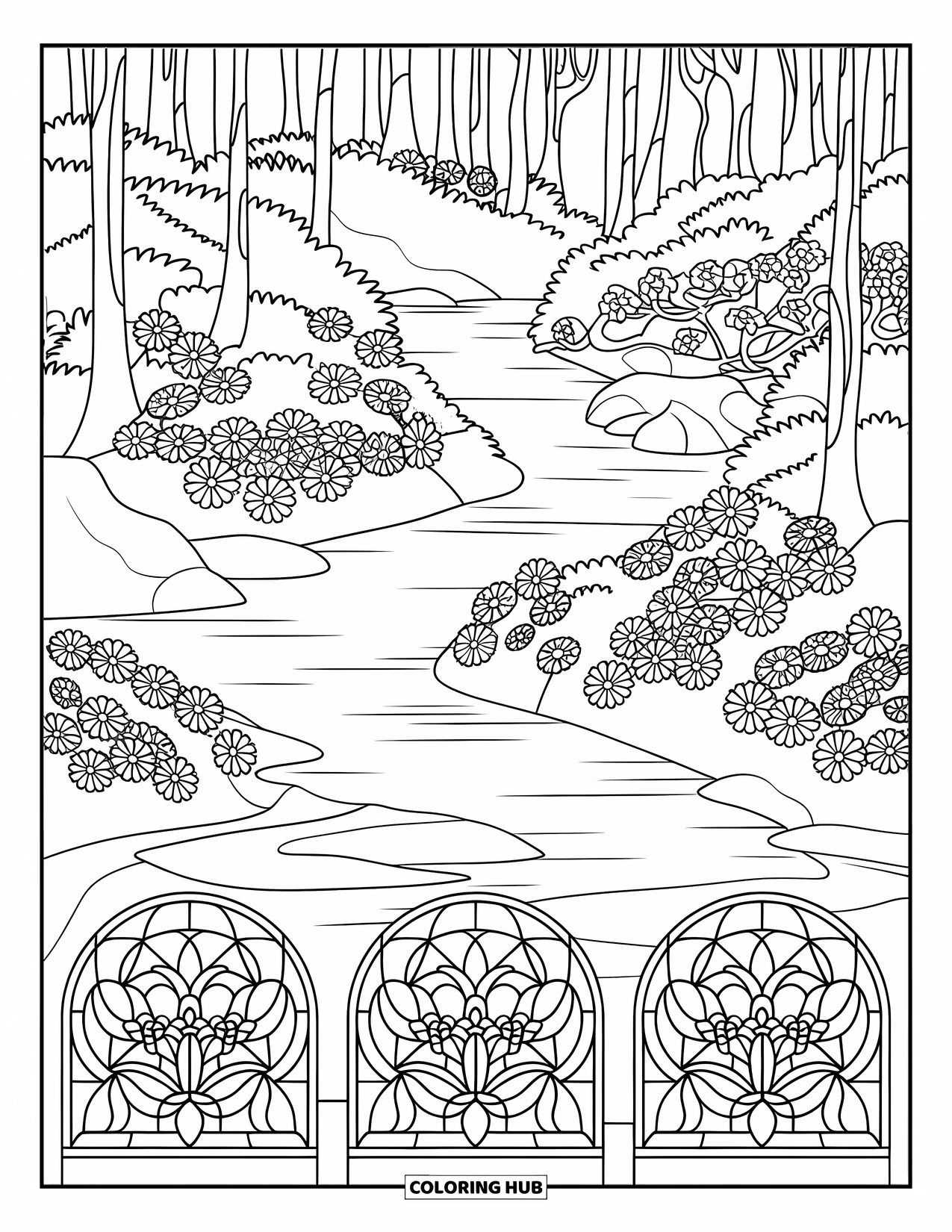 Scenery Coloring Page for Adults: A quiet forest river is framed with stained glass flowers and gentle tree lines