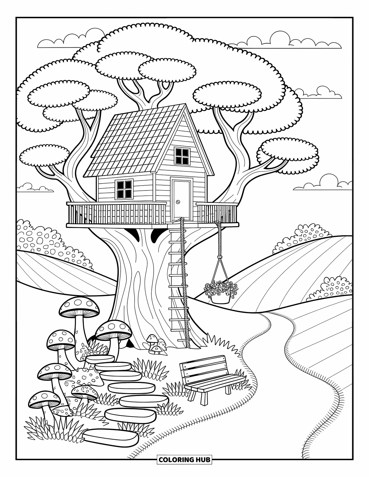 Scenery Coloring Page for Adults: A warm treehouse nestles among leafy canopies with stepping stones, ferns, and distant hills